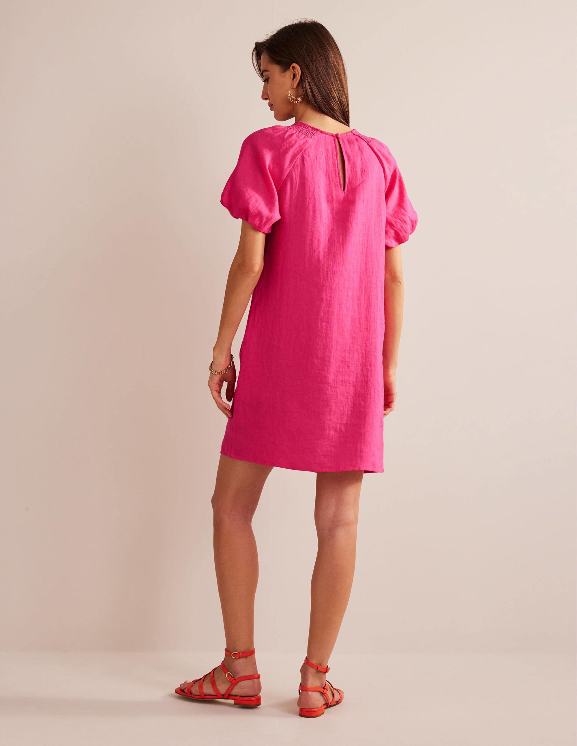 Sleeve Detail Linen Mini Dress-Festival Pink - Image 3