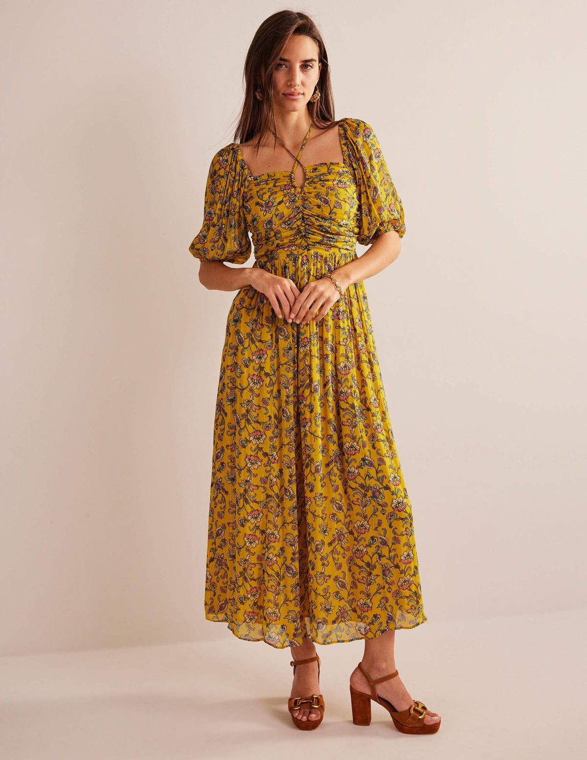 Halterneck Detail Maxi Dress-Mustard Seed, Meadow Fall-1