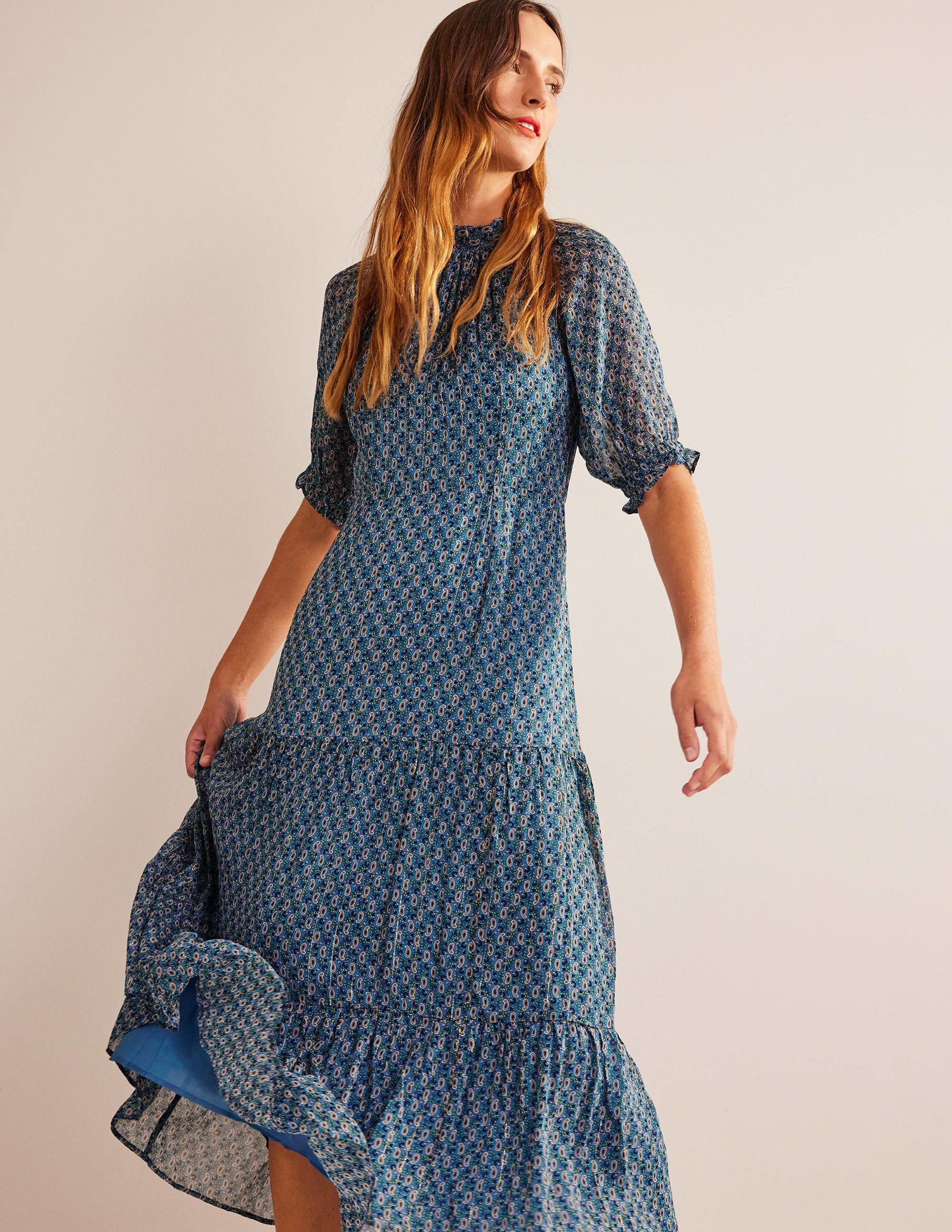 Tie-Neck Tiered Maxi Dress-Blue, Paisley Stem - Image 1