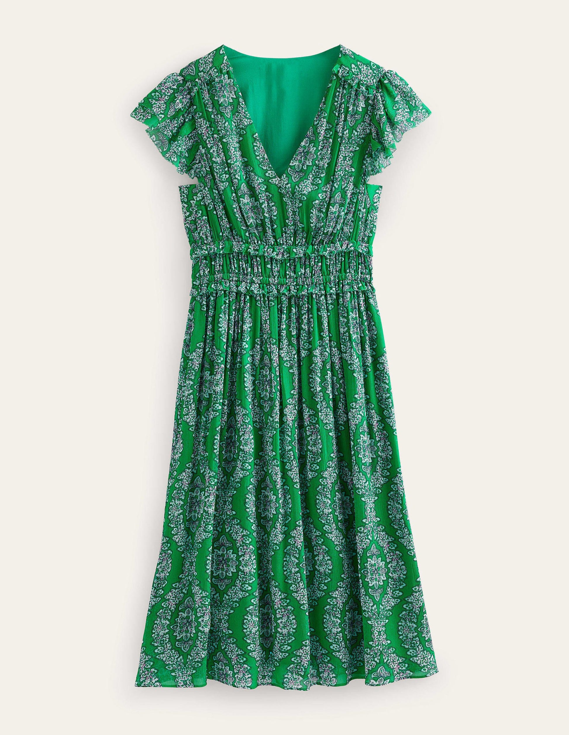 Gathered Waist Midi Dress-Rich Emerald, Botanic Wreath-8