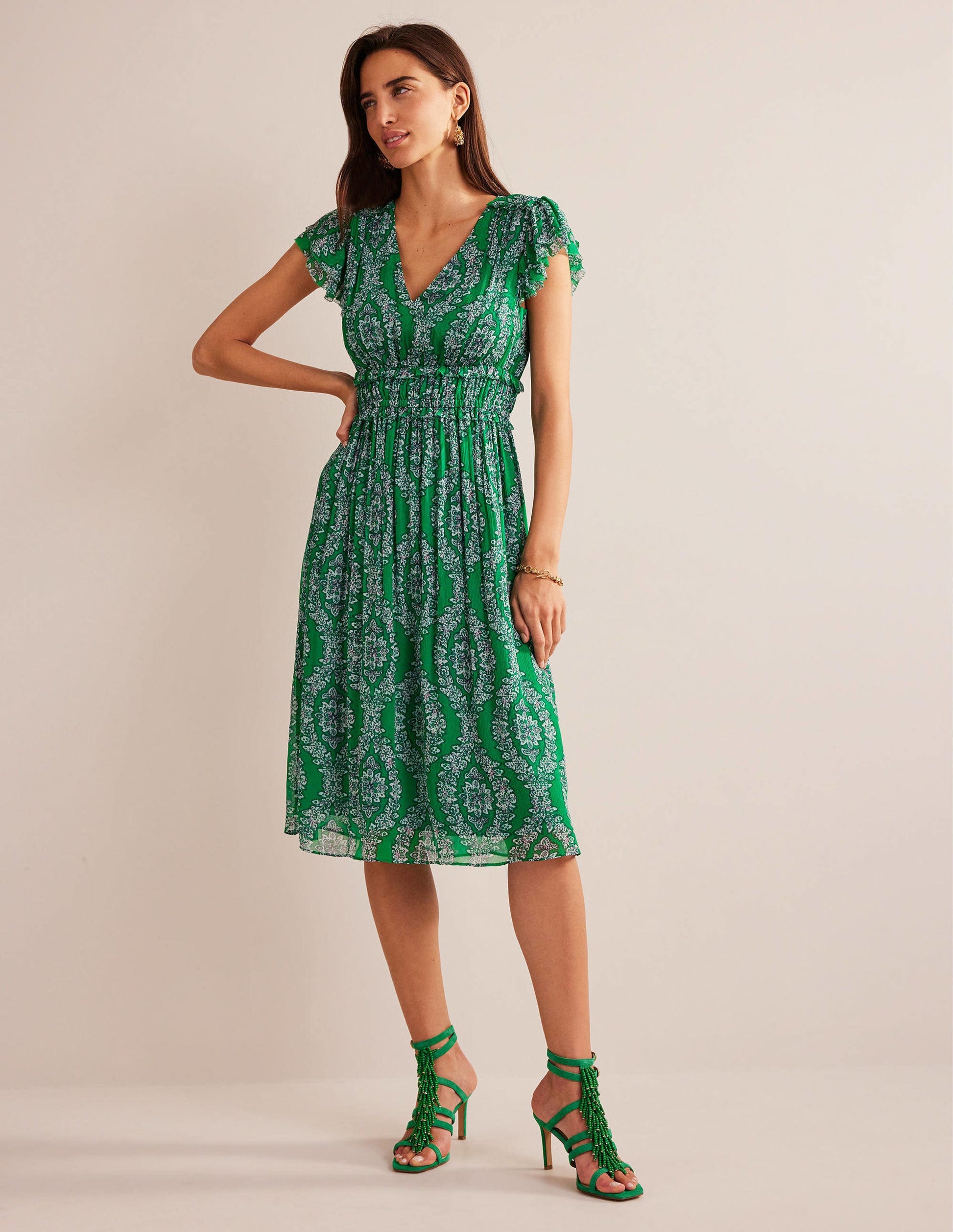 Gathered Waist Midi Dress-Rich Emerald, Botanic Wreath-1