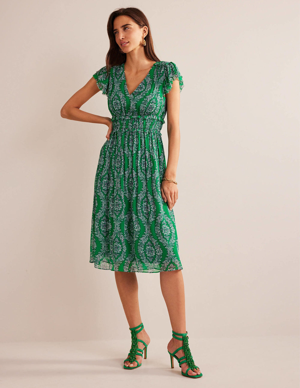Gathered Waist Midi Dress-Rich Emerald, Botanic Wreath - Image 1