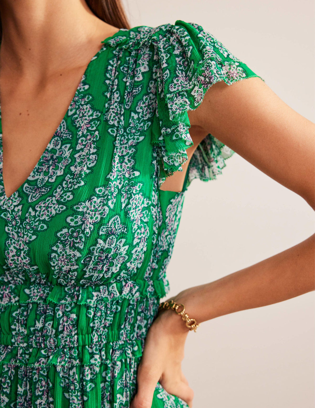 Gathered Waist Midi Dress-Rich Emerald, Botanic Wreath-2