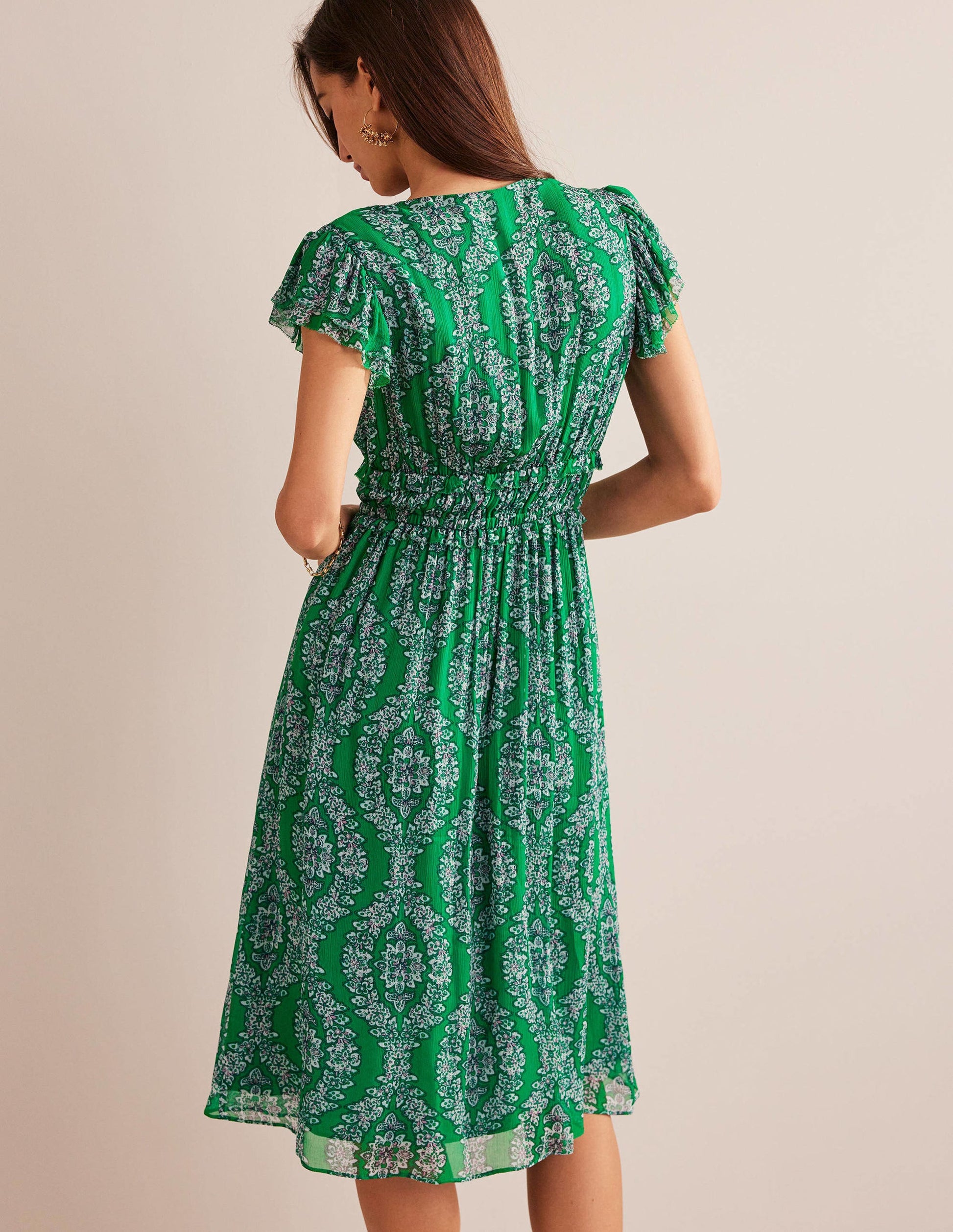 Gathered Waist Midi Dress-Rich Emerald, Botanic Wreath-3