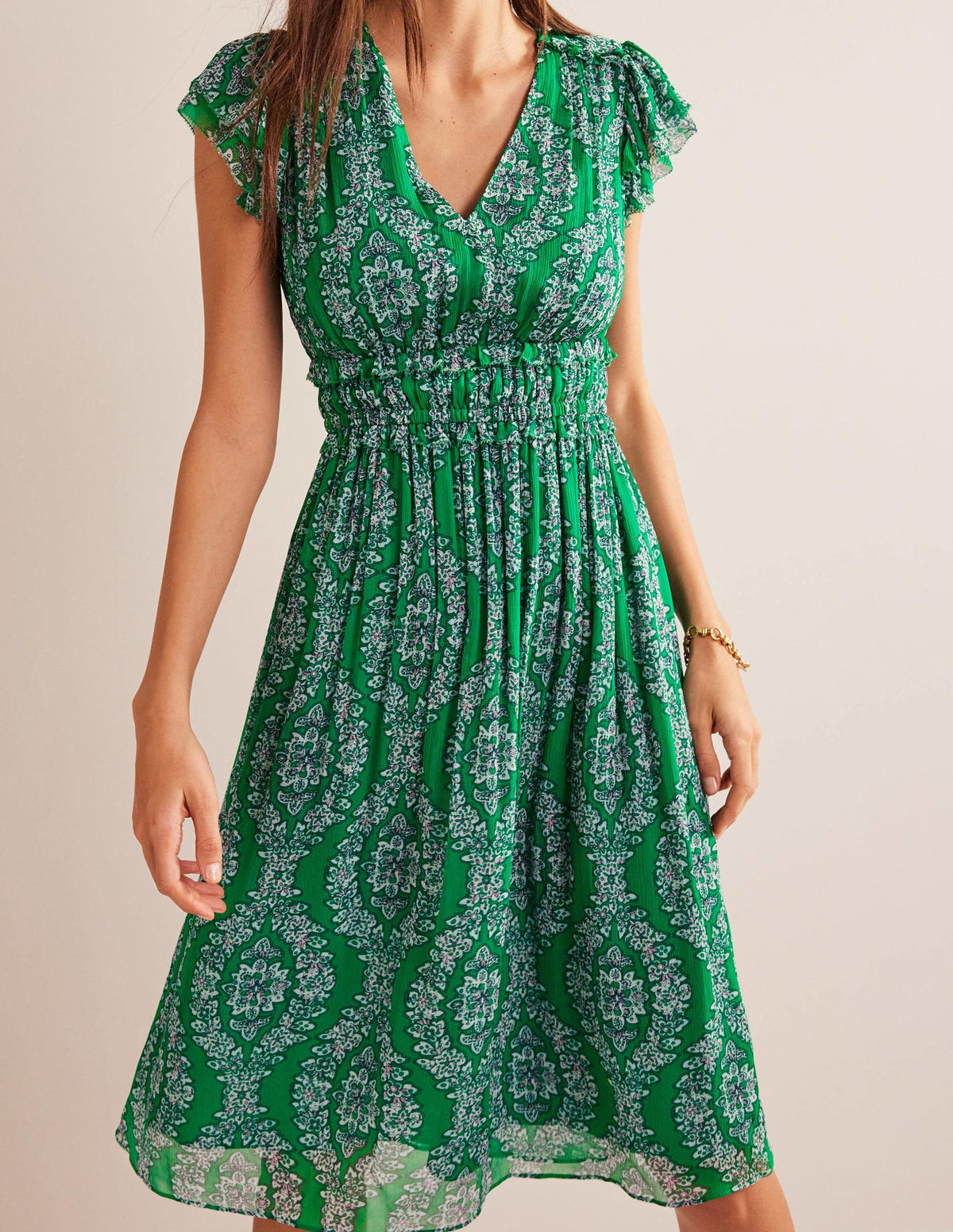 Gathered Waist Midi Dress-Rich Emerald, Botanic Wreath - Image 4