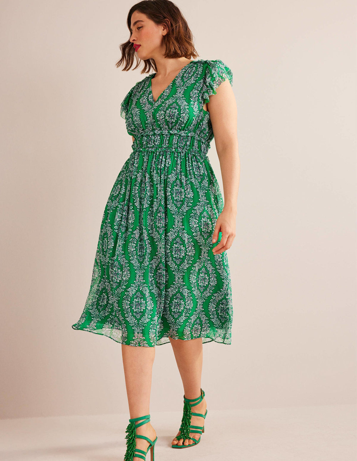 Gathered Waist Midi Dress-Rich Emerald, Botanic Wreath - Image 5