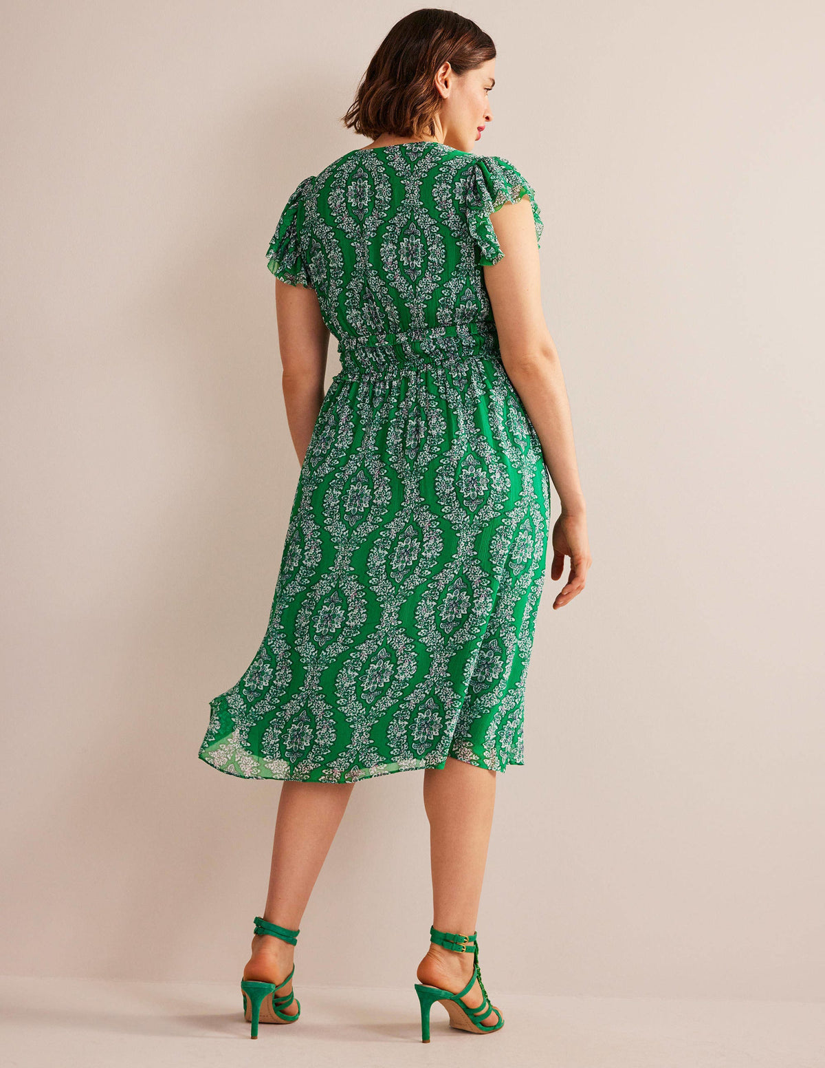 Gathered Waist Midi Dress-Rich Emerald, Botanic Wreath-6