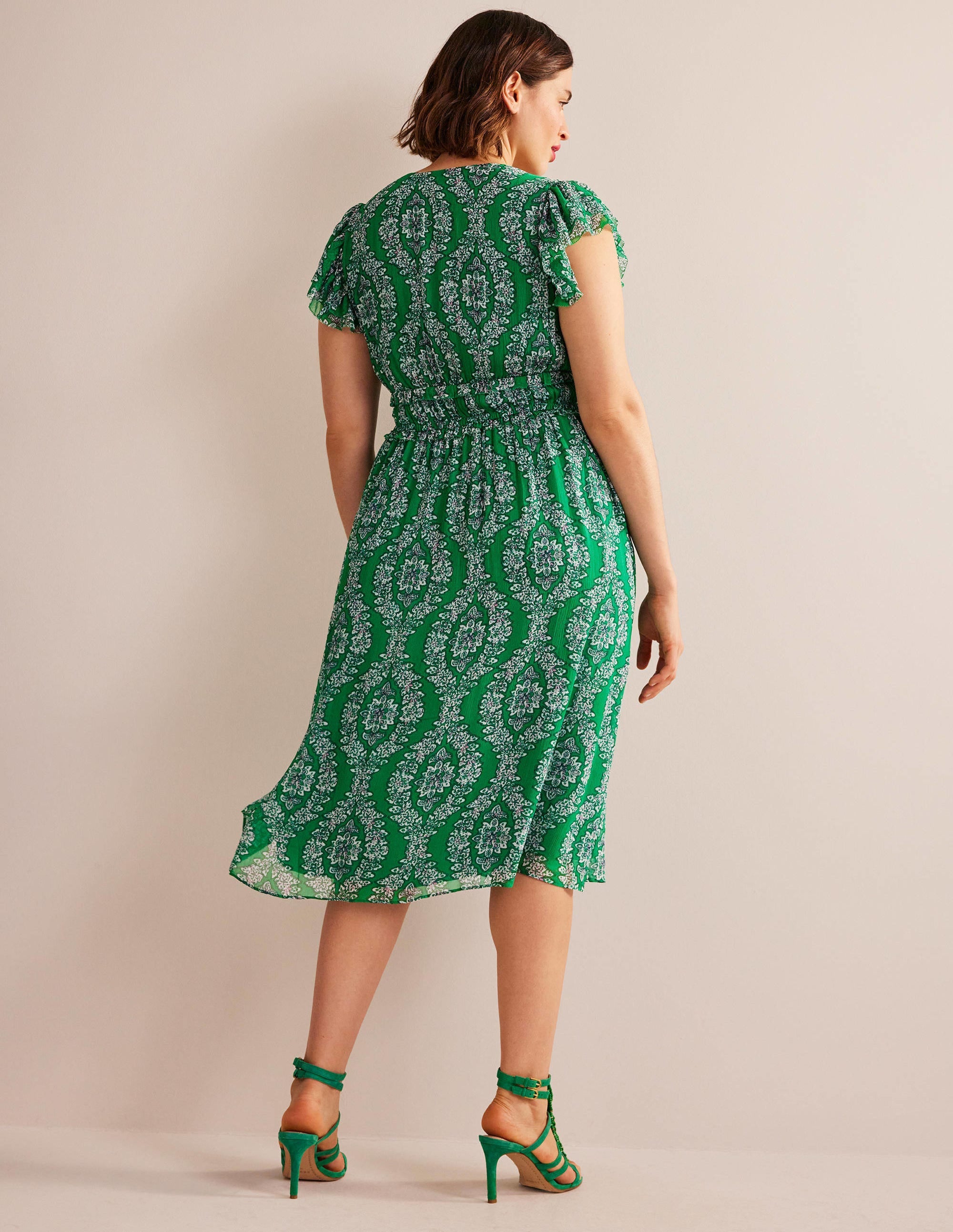 Gathered Waist Midi Dress-Rich Emerald, Botanic Wreath - Image 6