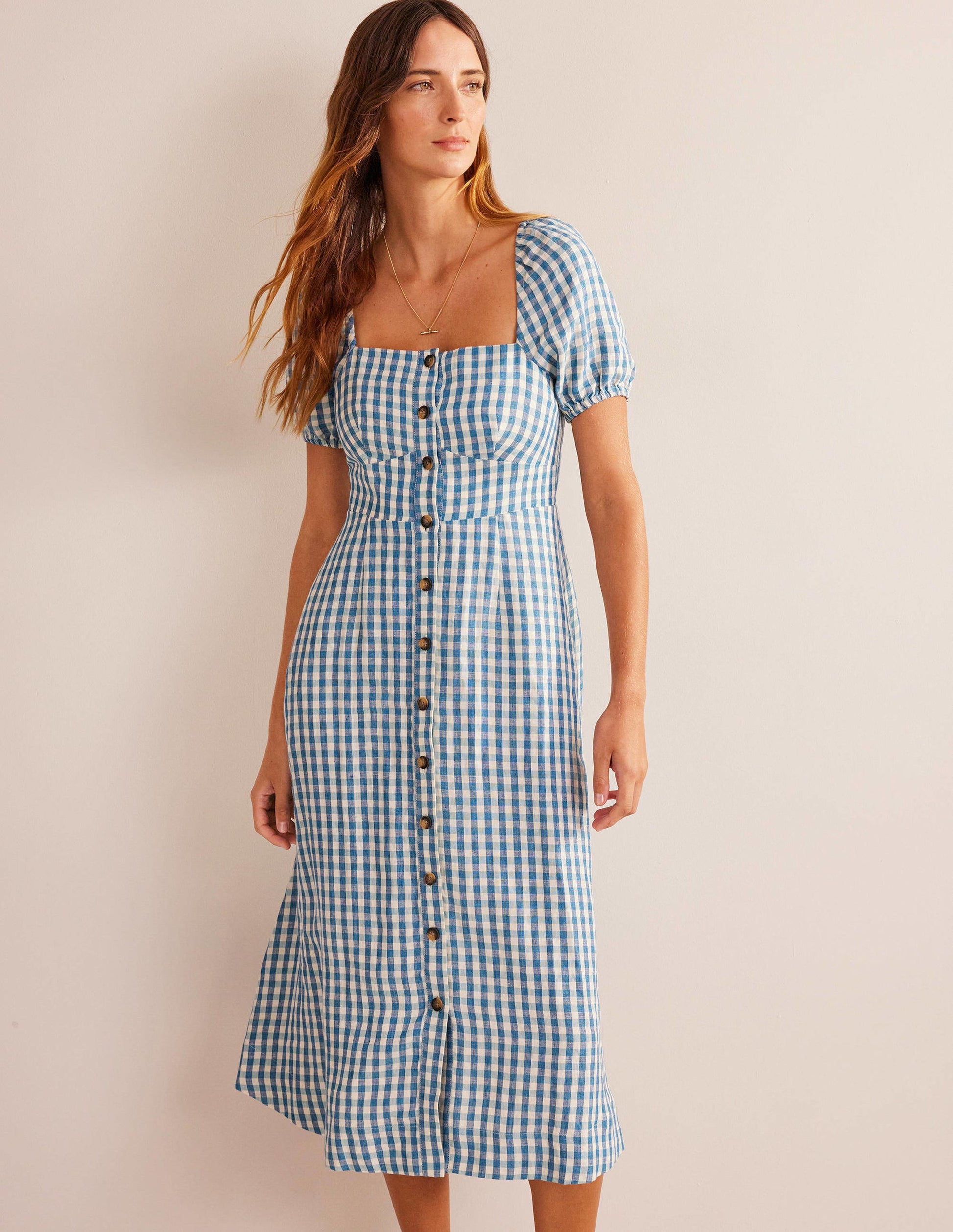 Square Neck Linen Midi Dress-Delphinium Blue, Gingham-1