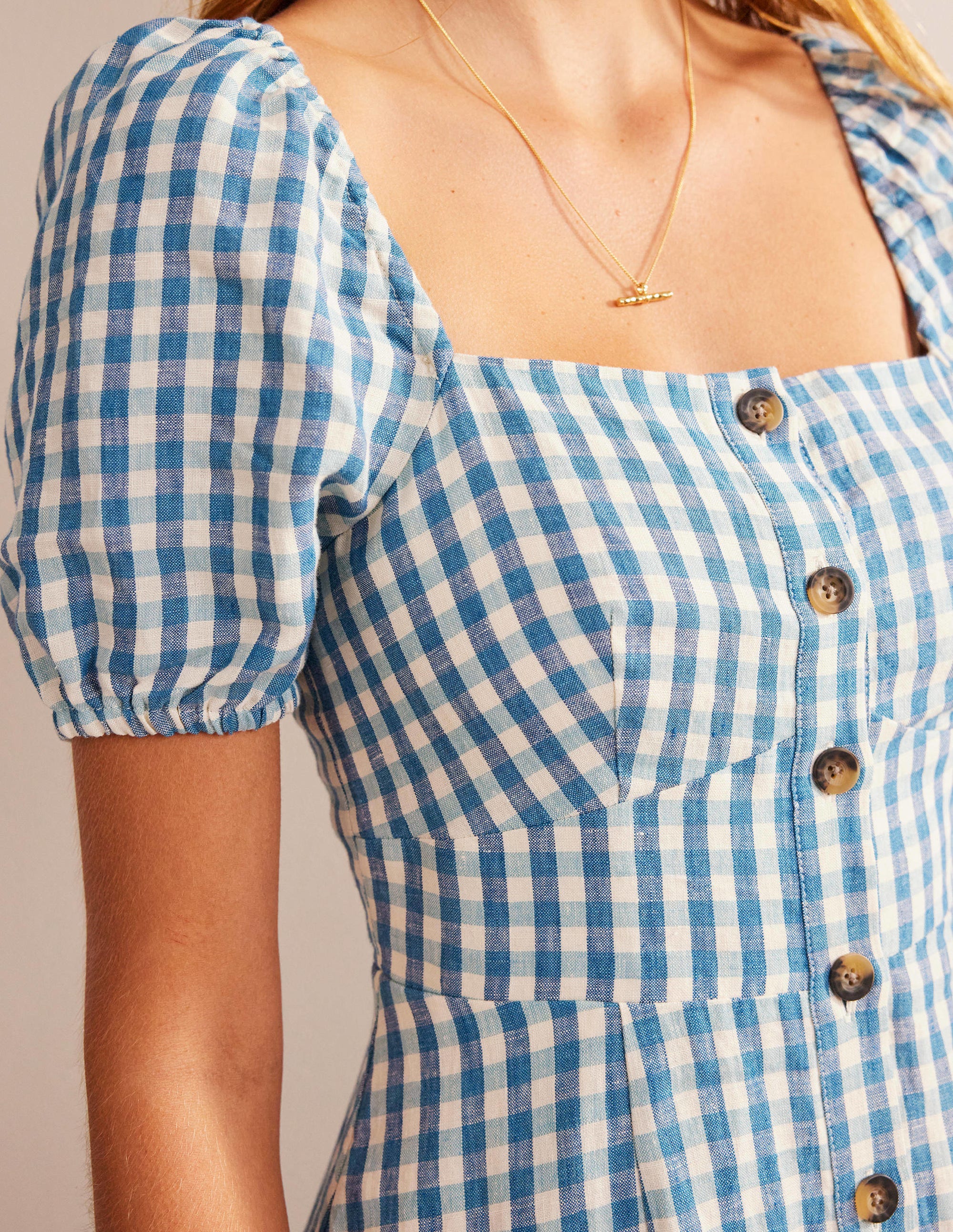 Square Neck Linen Midi Dress-Delphinium Blue, Gingham - Image 2