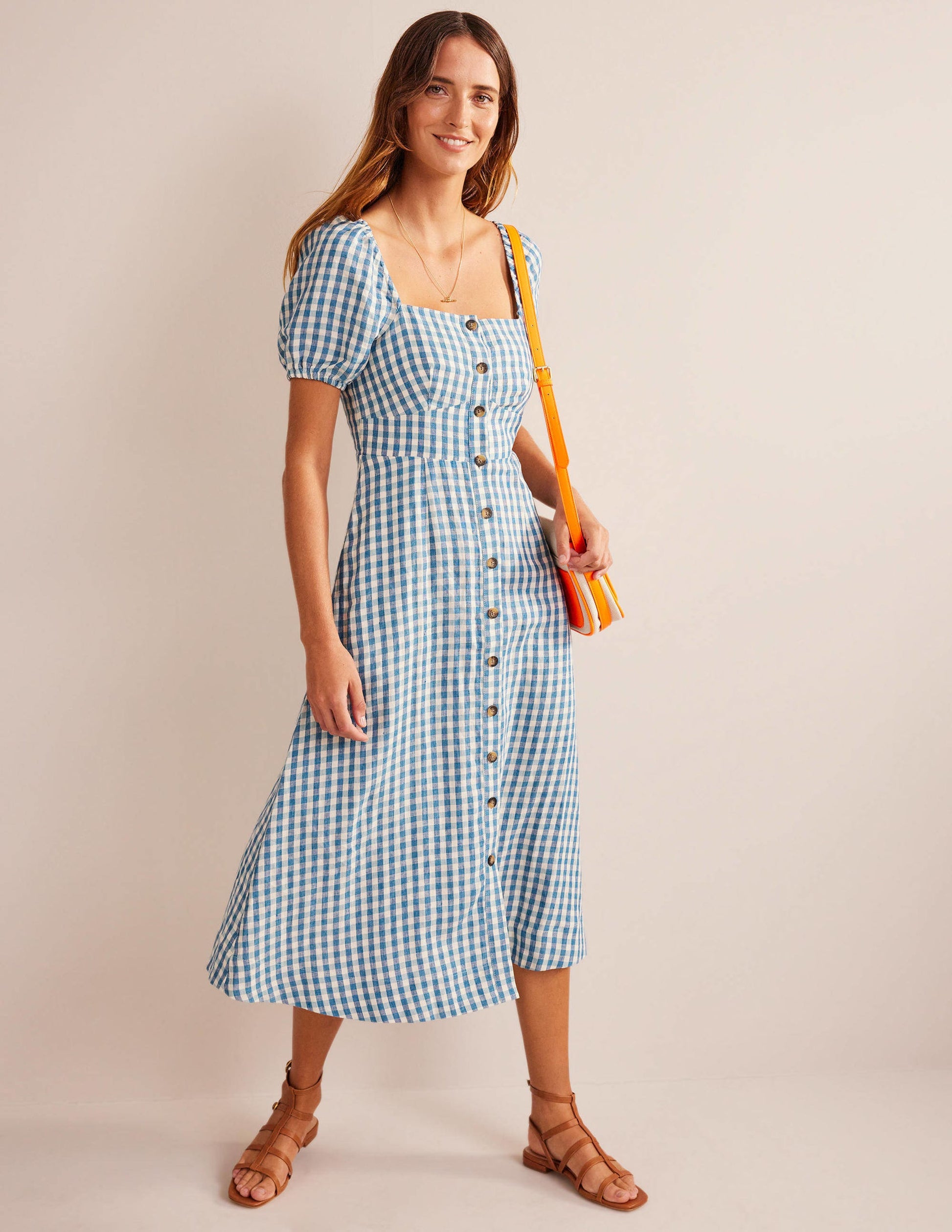 Square Neck Linen Midi Dress-Delphinium Blue, Gingham-4