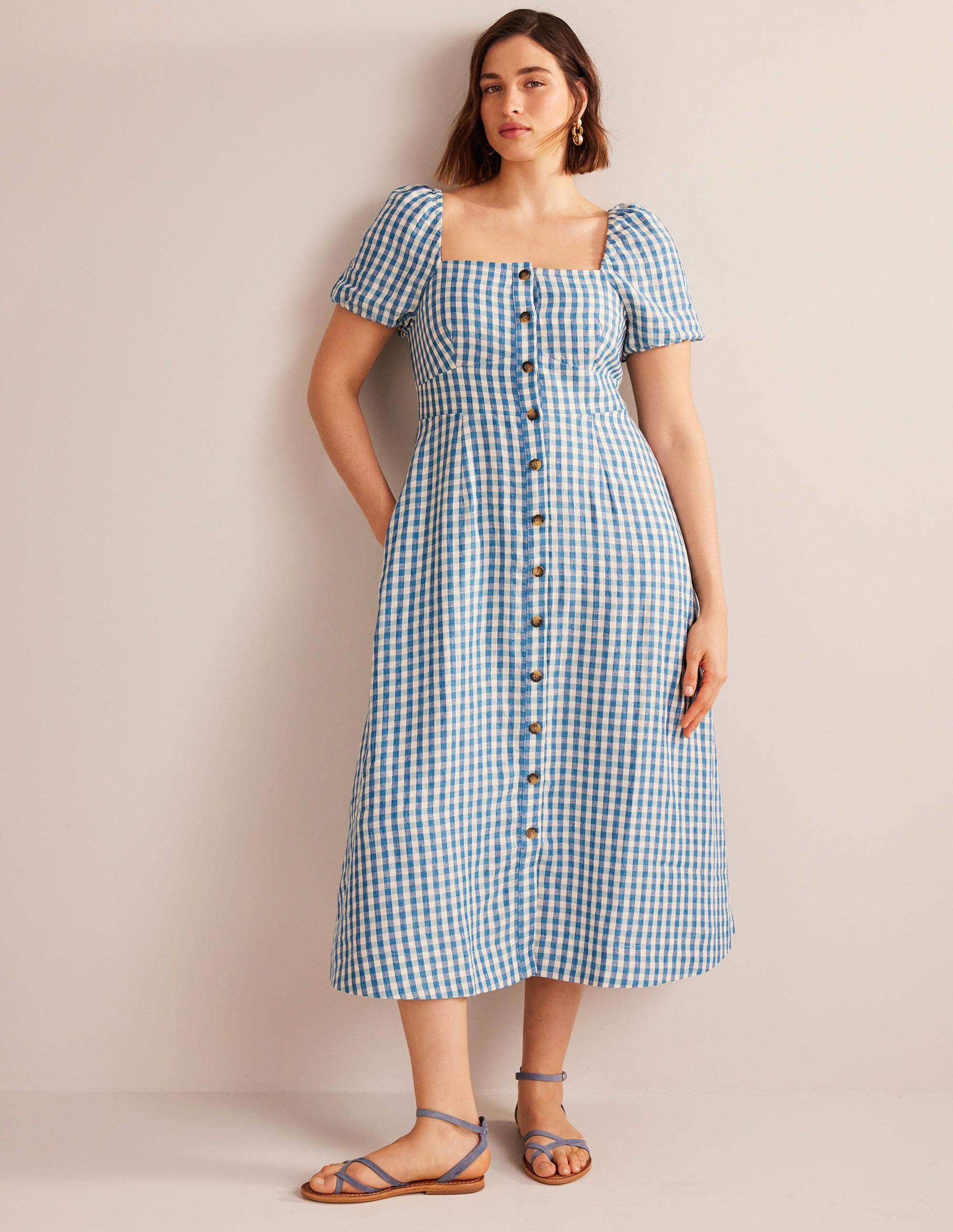 Square Neck Linen Midi Dress-Delphinium Blue, Gingham - Image 5