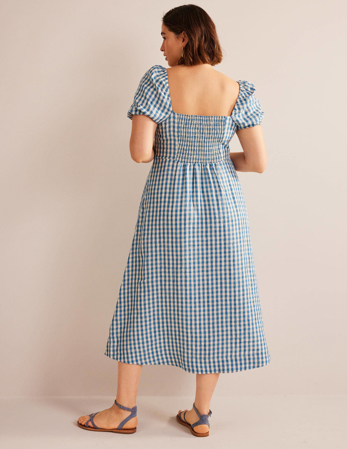 Square Neck Linen Midi Dress-Delphinium Blue, Gingham-6
