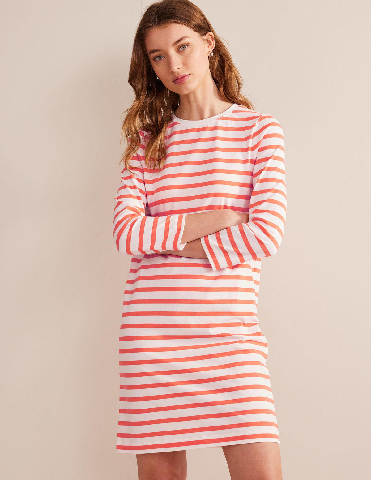 Jersey Mini T-Shirt Dress-Ivory and Persimmon Stripe-1