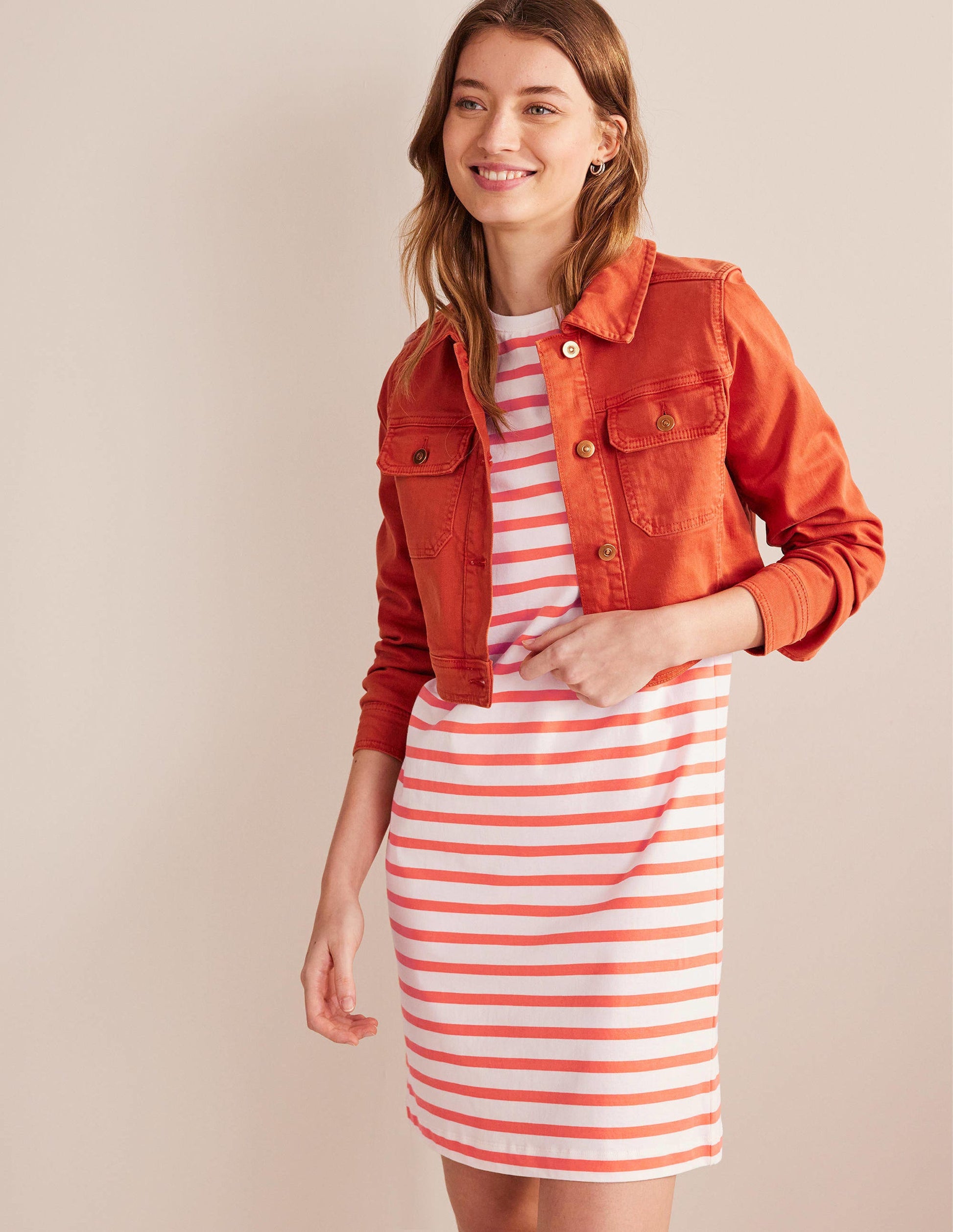 Jersey Mini T-Shirt Dress-Ivory and Persimmon Stripe-4