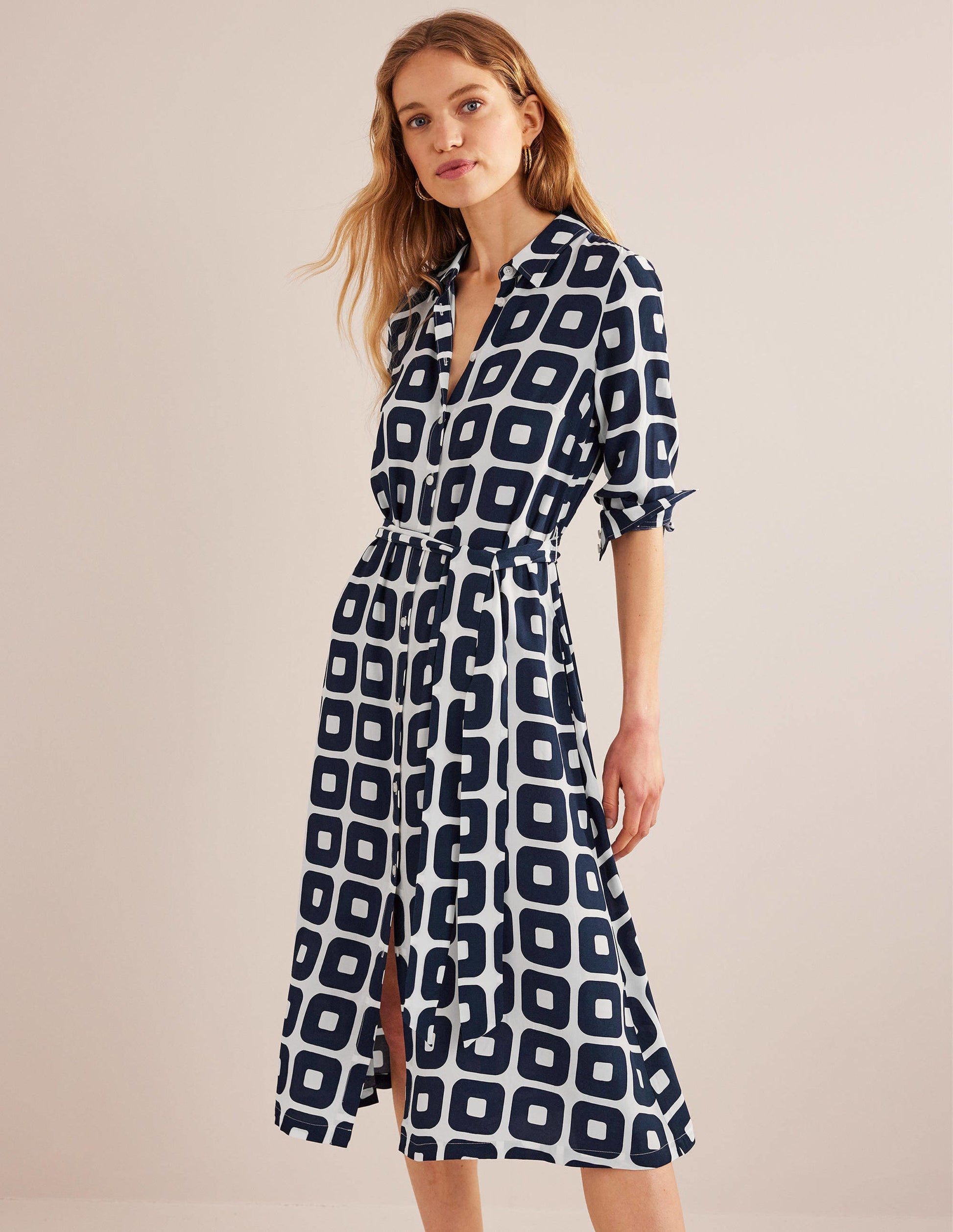 Printed Midi Shirt Dress-French Navy, Cube Small-1