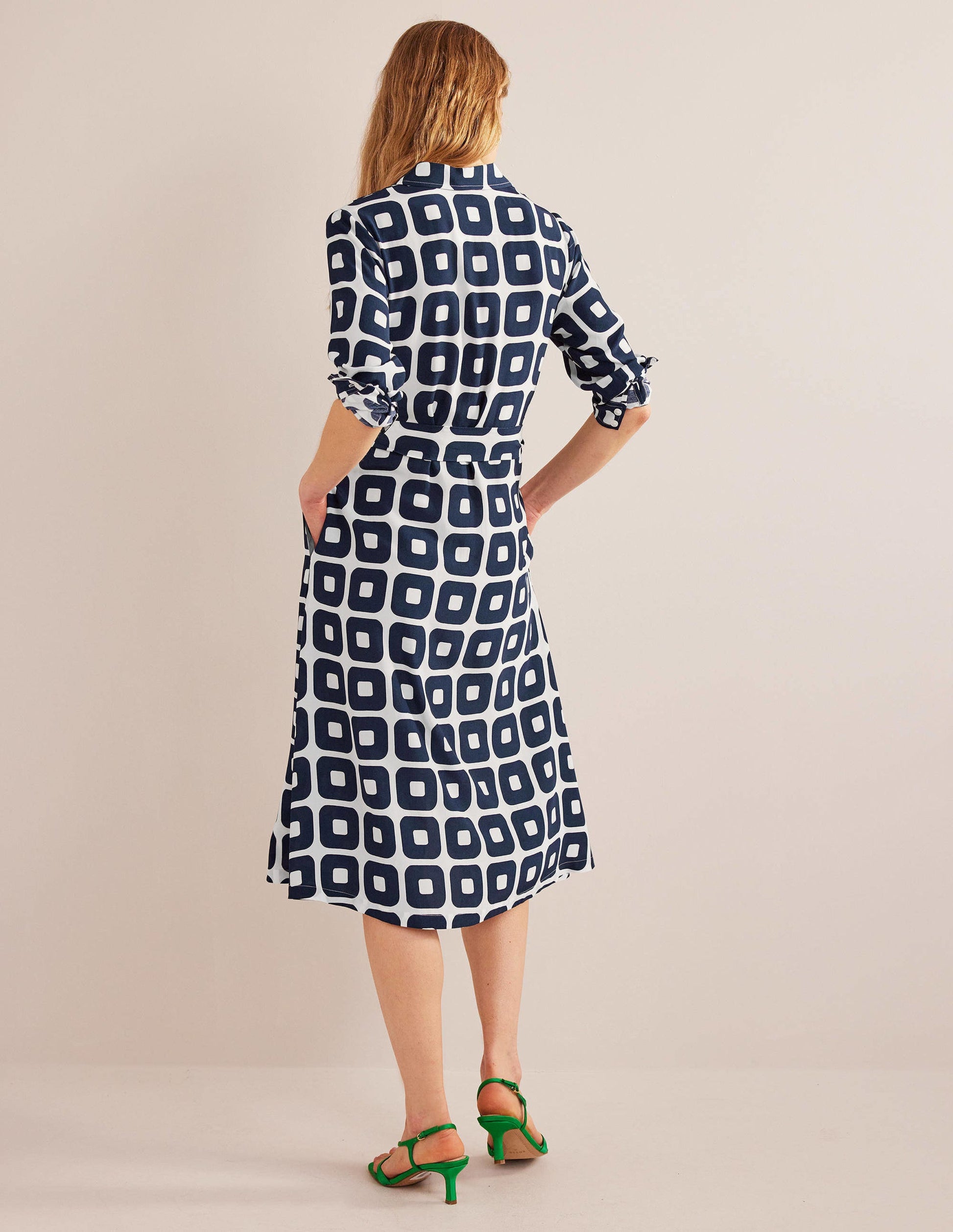 Printed Midi Shirt Dress-French Navy, Cube Small-3