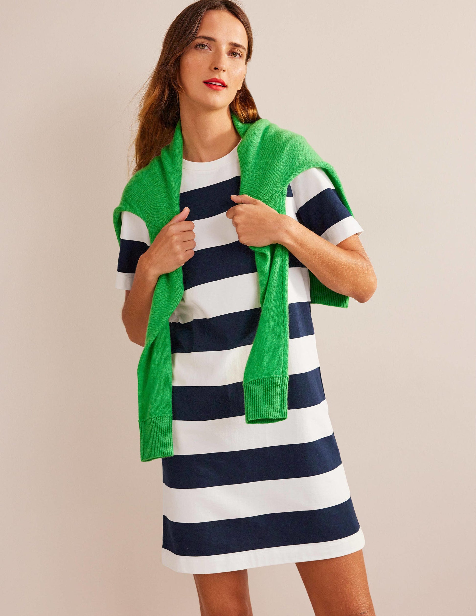 Crew Neck Mini T-shirt Dress-Ivory and Navy Stripe-1