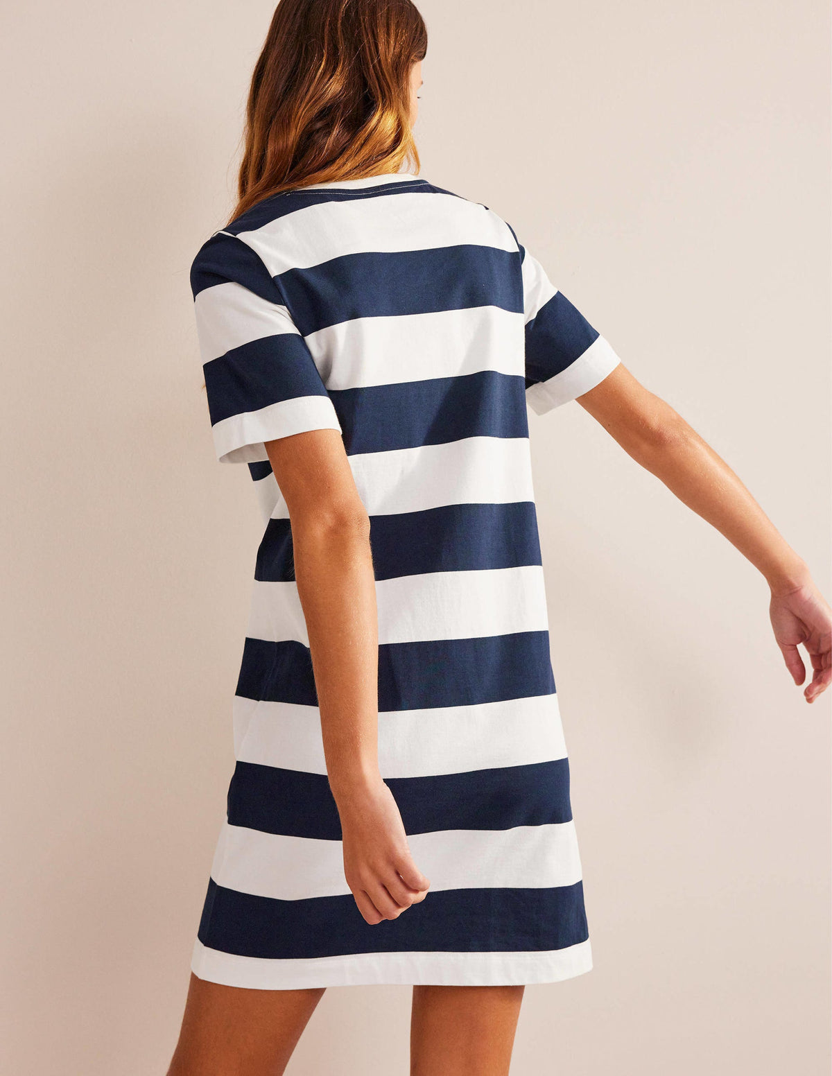 Crew Neck Mini T-shirt Dress-Ivory and Navy Stripe - Image 3