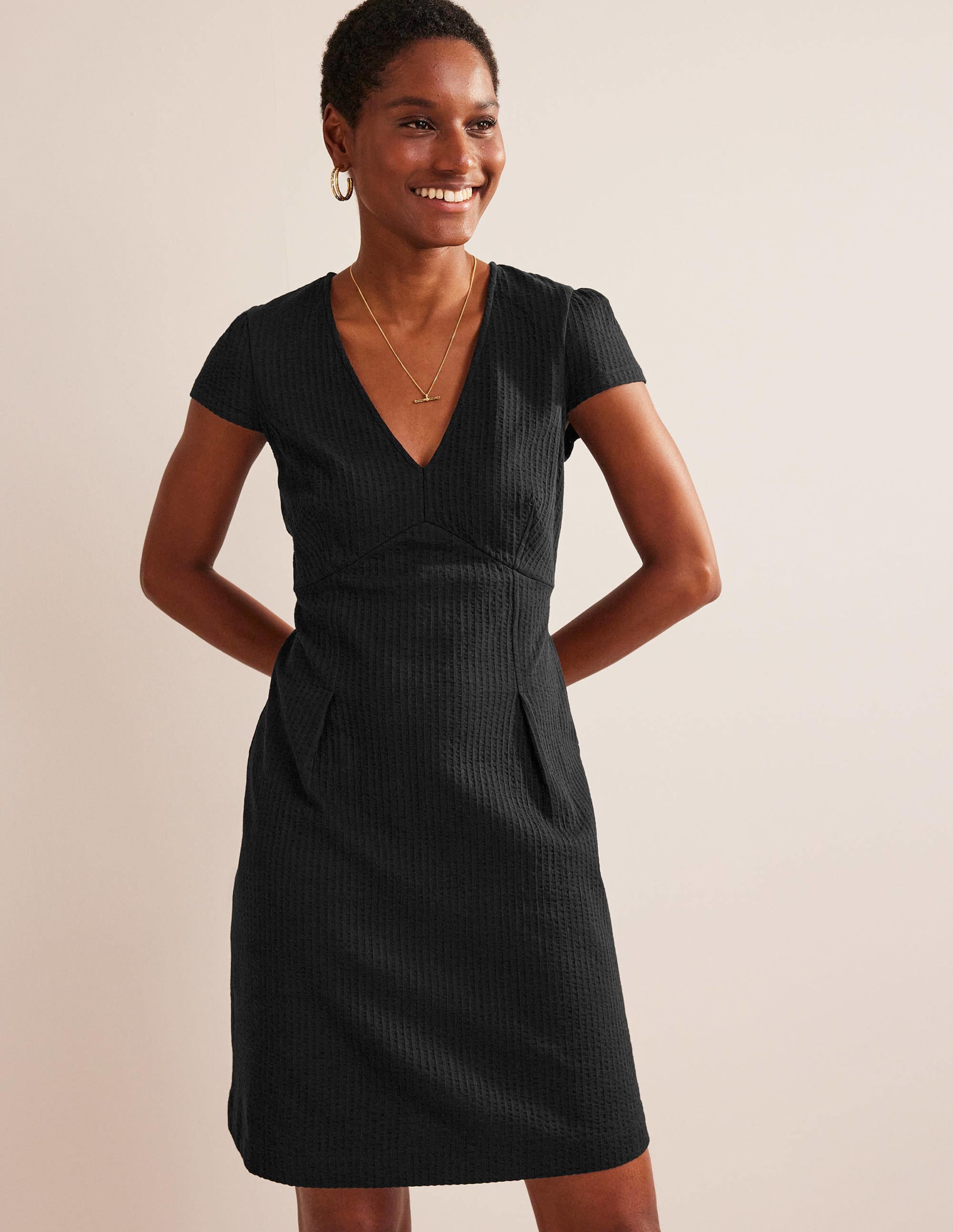 Seersucker Jersey Tea Dress-Black - Image 1