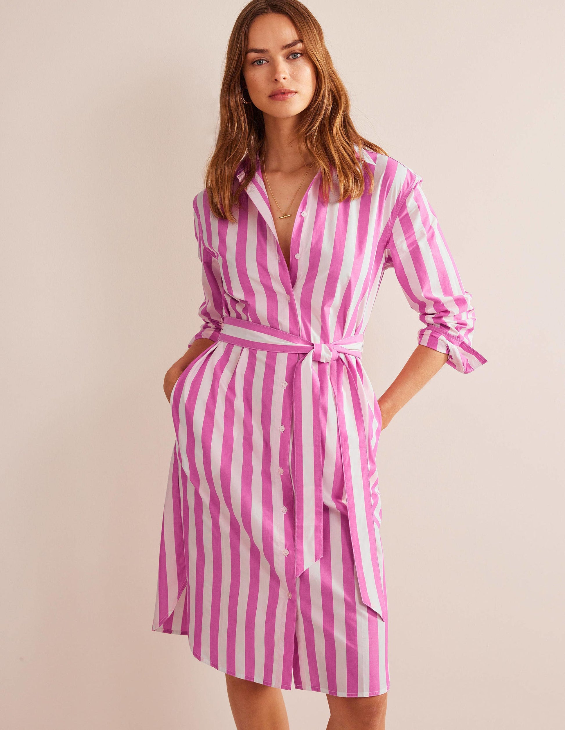 Relaxed Cotton Shirt Dress-Phlox Pink and Ivory-1