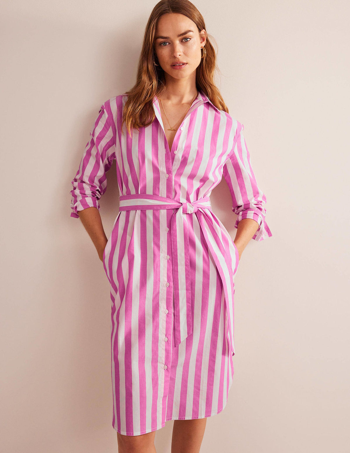 Relaxed Cotton Shirt Dress-Phlox Pink and Ivory-4
