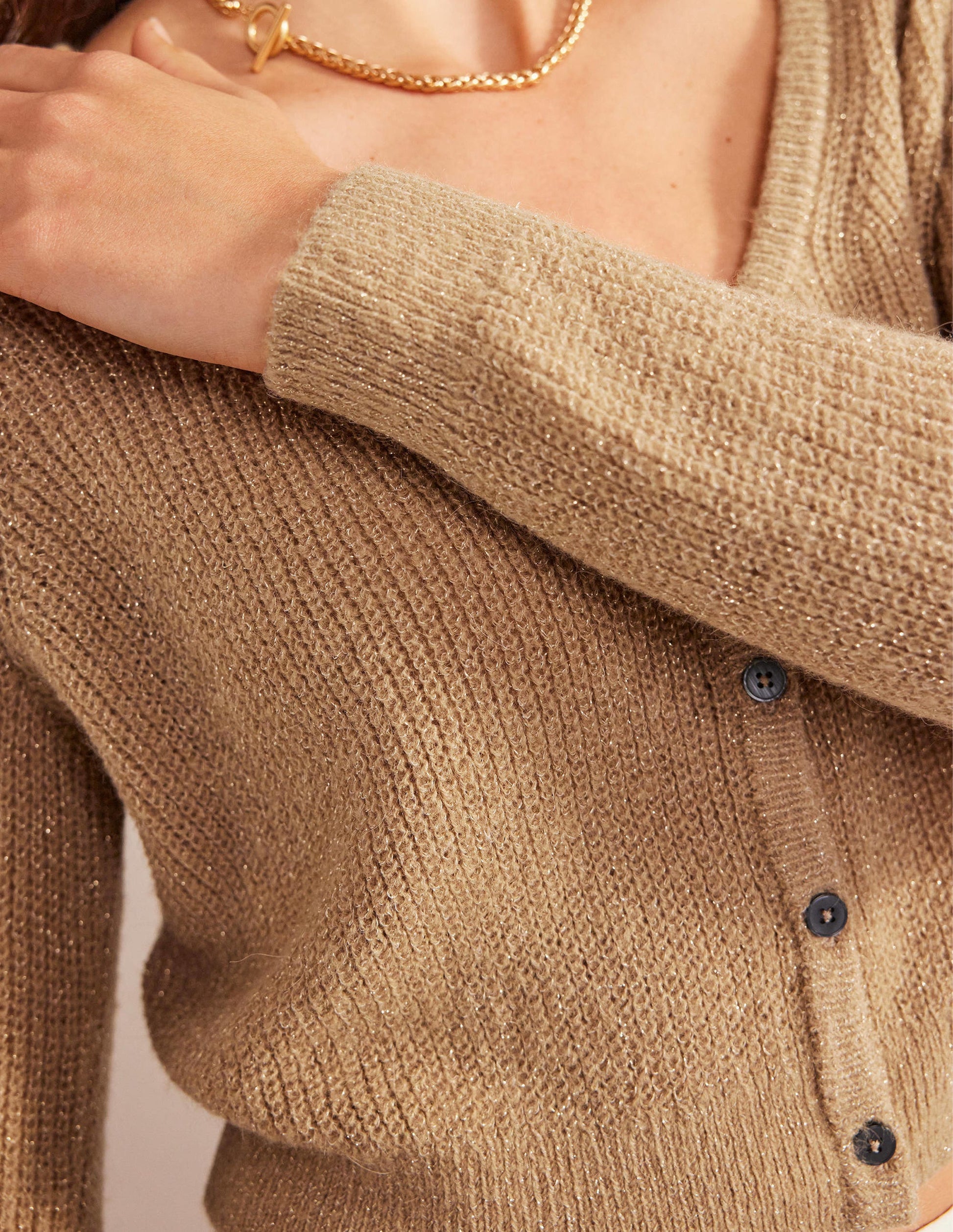 Cropped Fluffy Cardigan-Sparkle Camel Melange-2