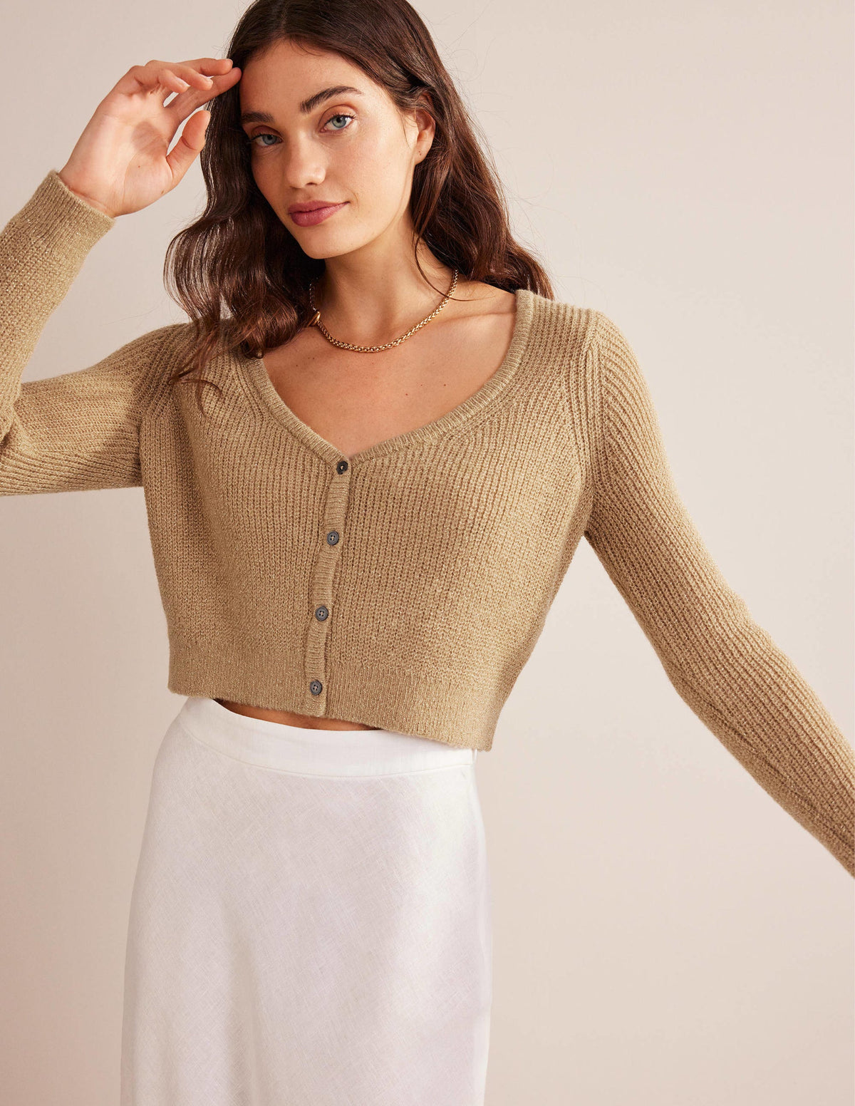 Cropped Fluffy Cardigan-Sparkle Camel Melange-3