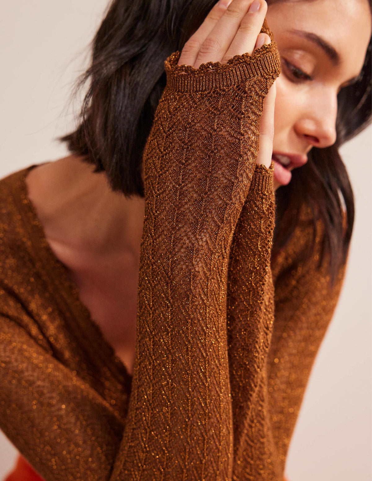 Gold Pointelle Crop Cardigan-Cognac Bronze Gold Sparkle - Image 2
