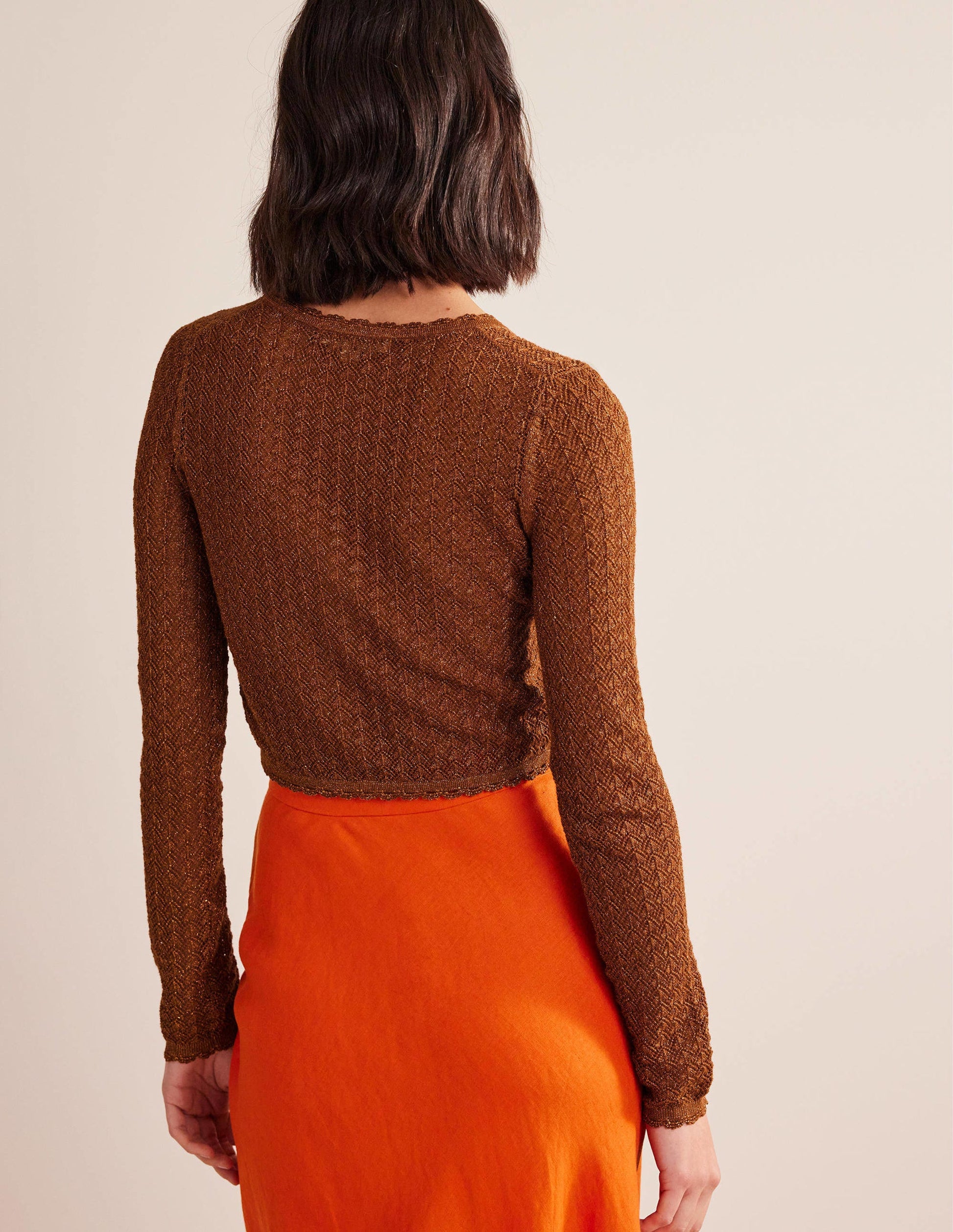 Gold Pointelle Crop Cardigan-Cognac Bronze Gold Sparkle-3
