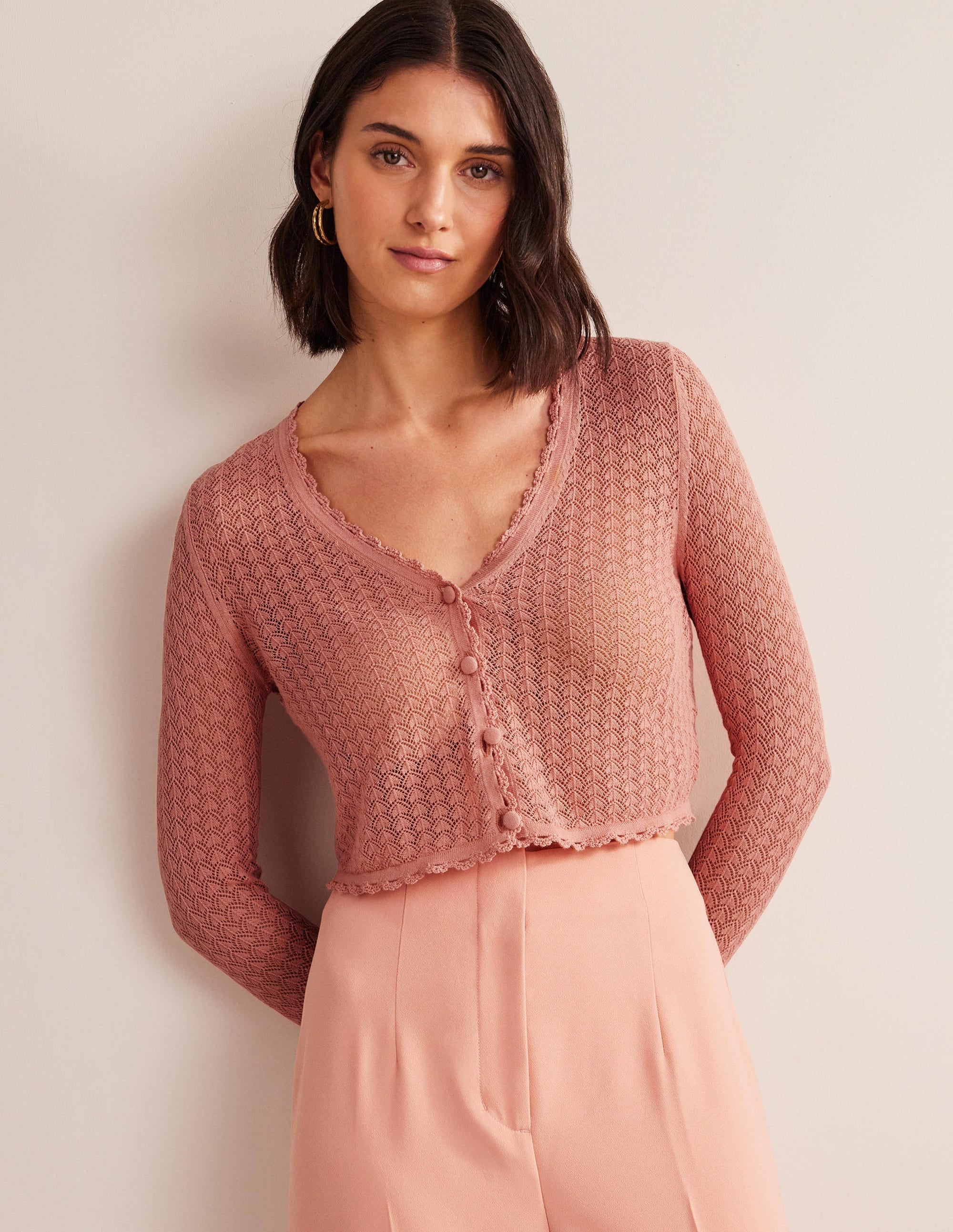 Gold Pointelle Crop Cardigan-Rose Pink - Image 4