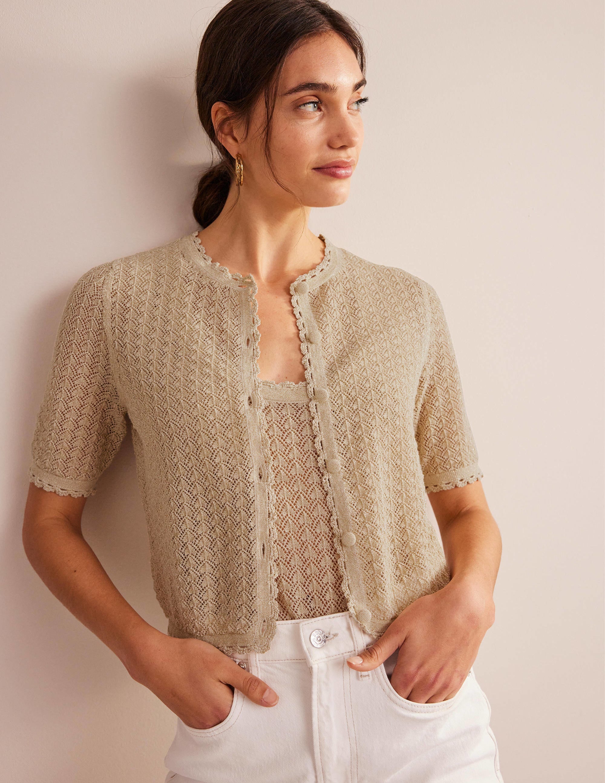 Cropped Short Sleeve Cardigan-Gold Sparkle - Image 1