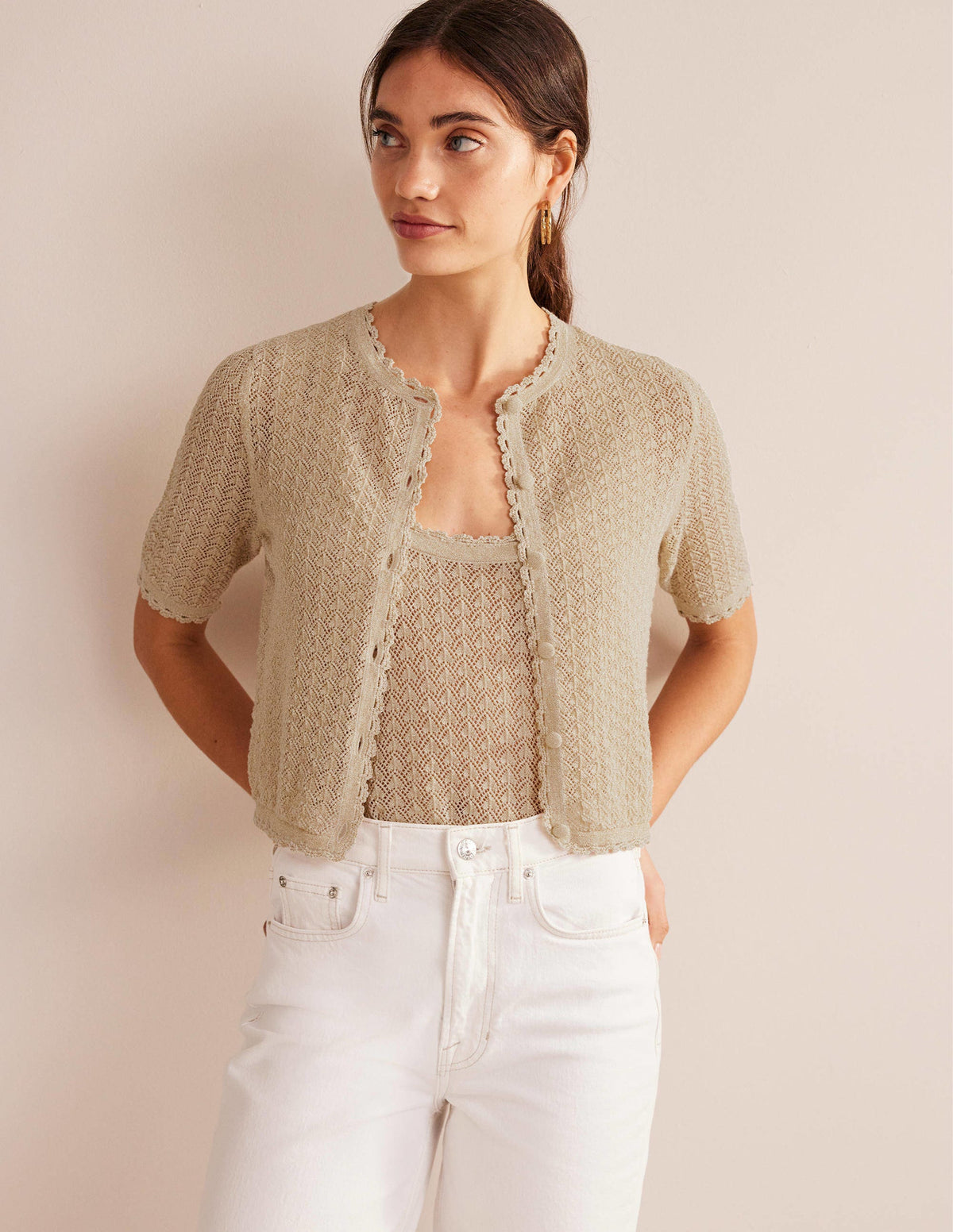 Cropped Short Sleeve Cardigan-Gold Sparkle - Image 4