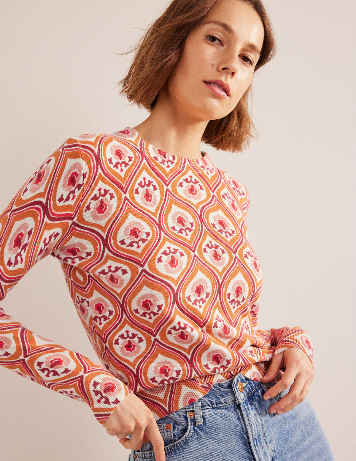 Printed High Neck Sweater-Kumquat, Geo Cascade - Image 1