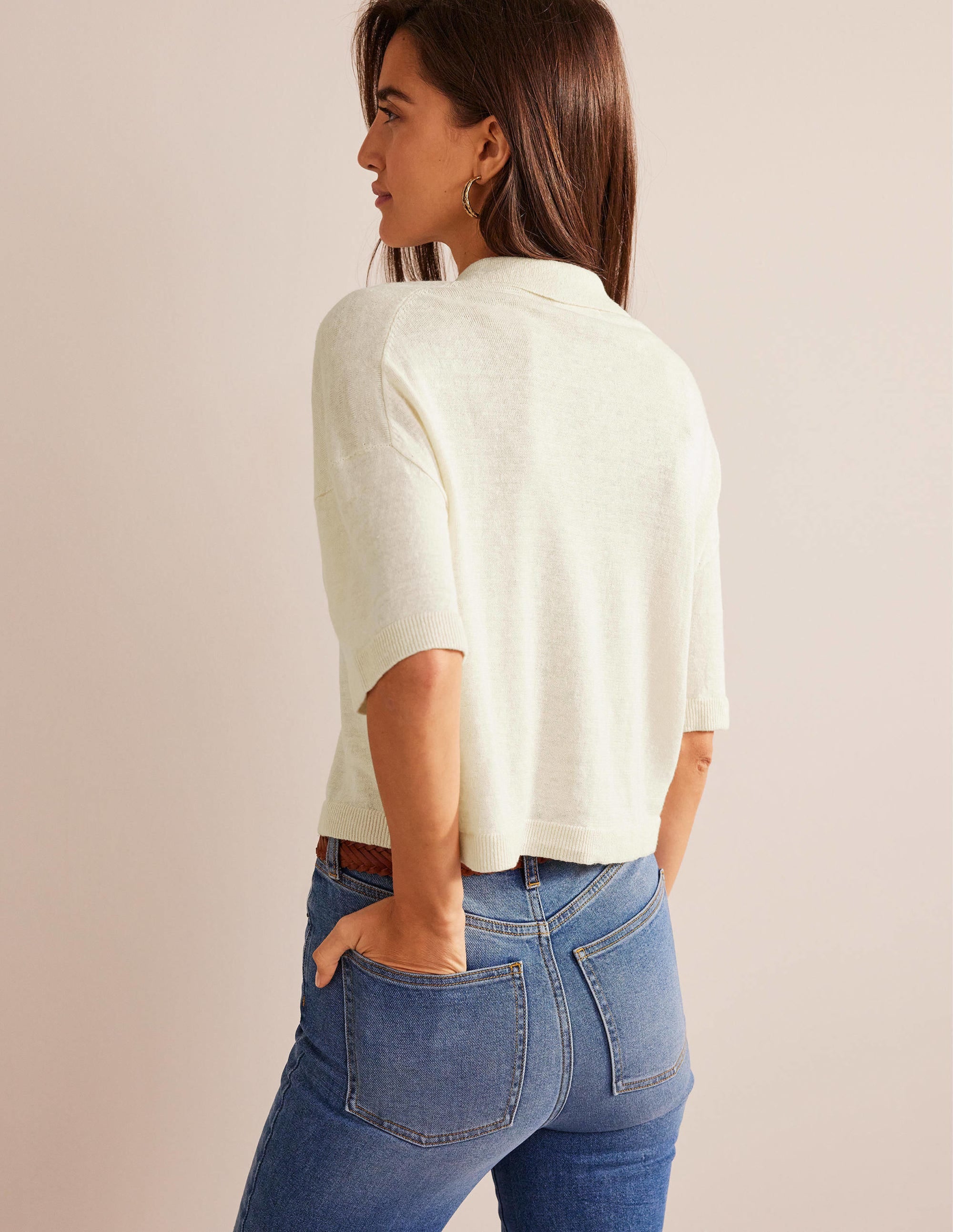 Collared Linen Knitted Shirt-Warm Ivory - Image 3