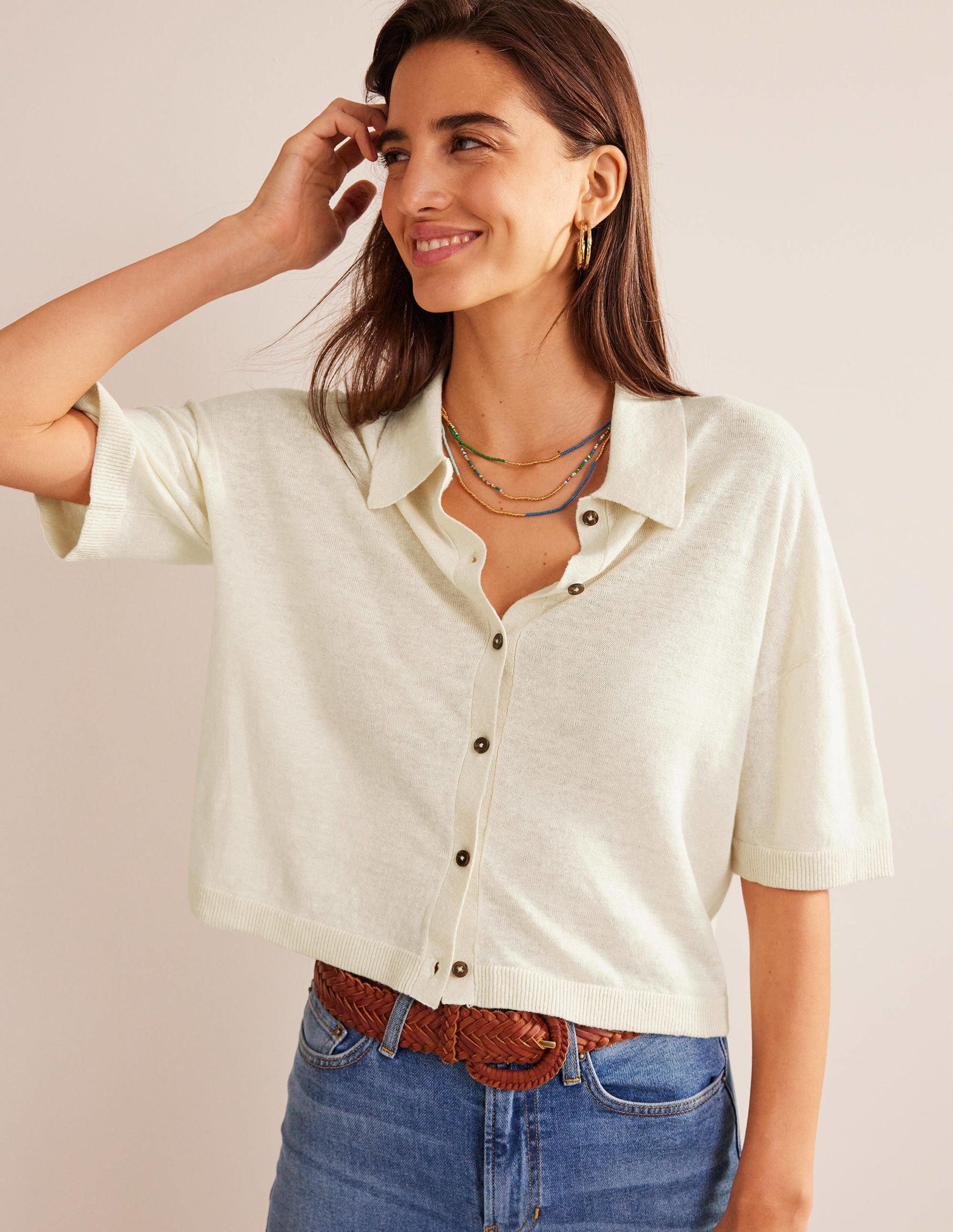 Collared Linen Knitted Shirt-Warm Ivory-4