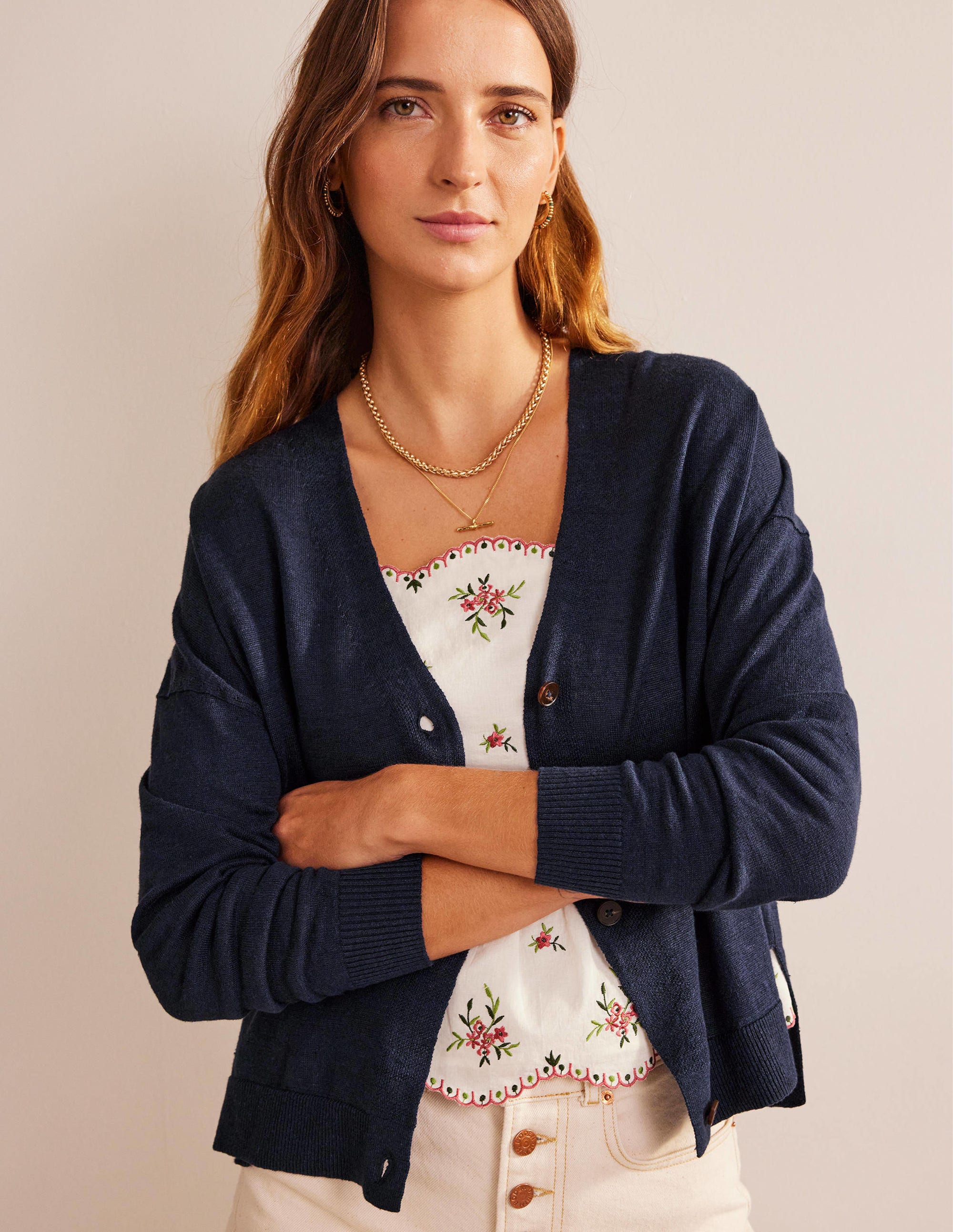Drop-Shoulder Linen Cardigan-Navy - Image 1