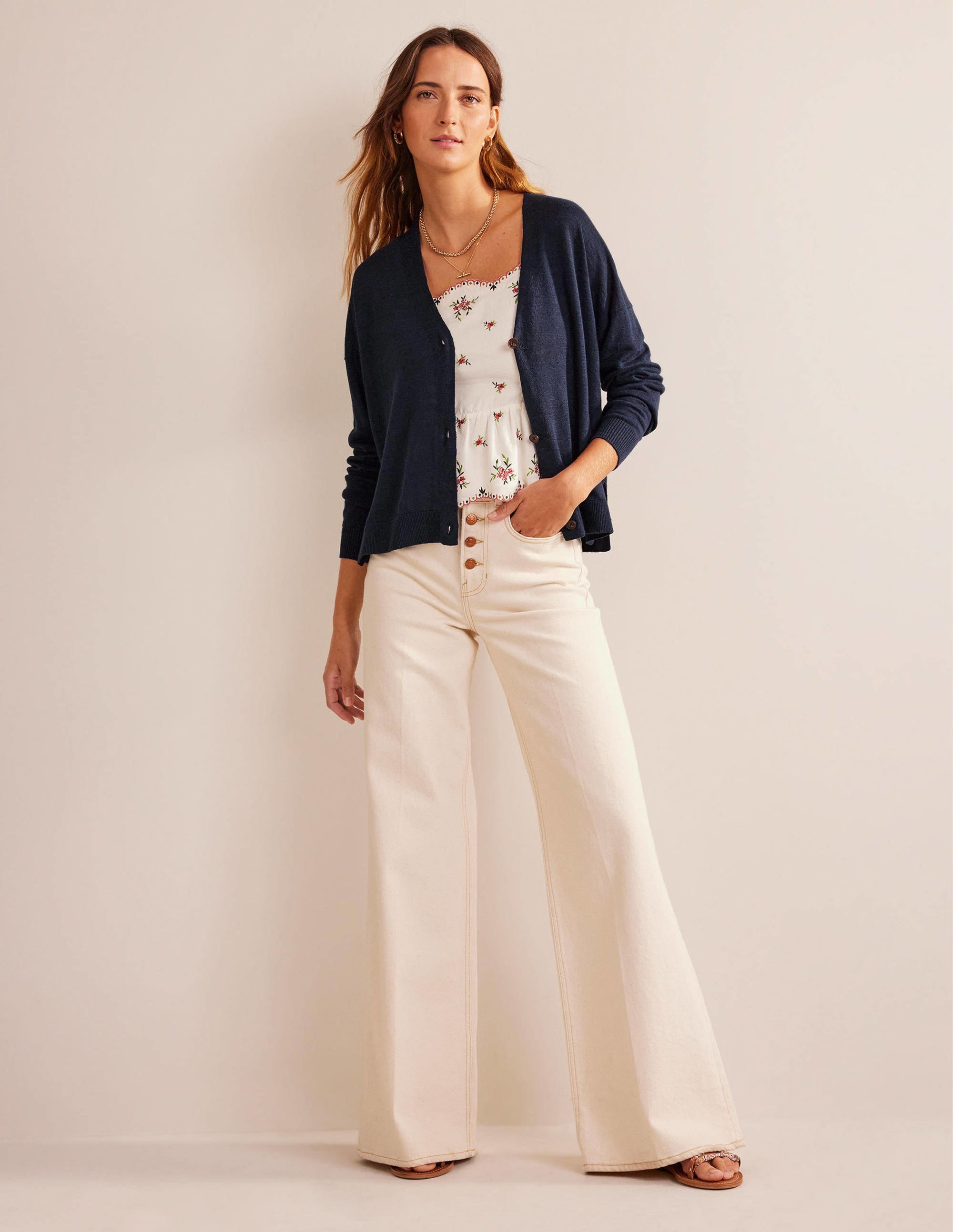 Drop-Shoulder Linen Cardigan-Navy - Image 4