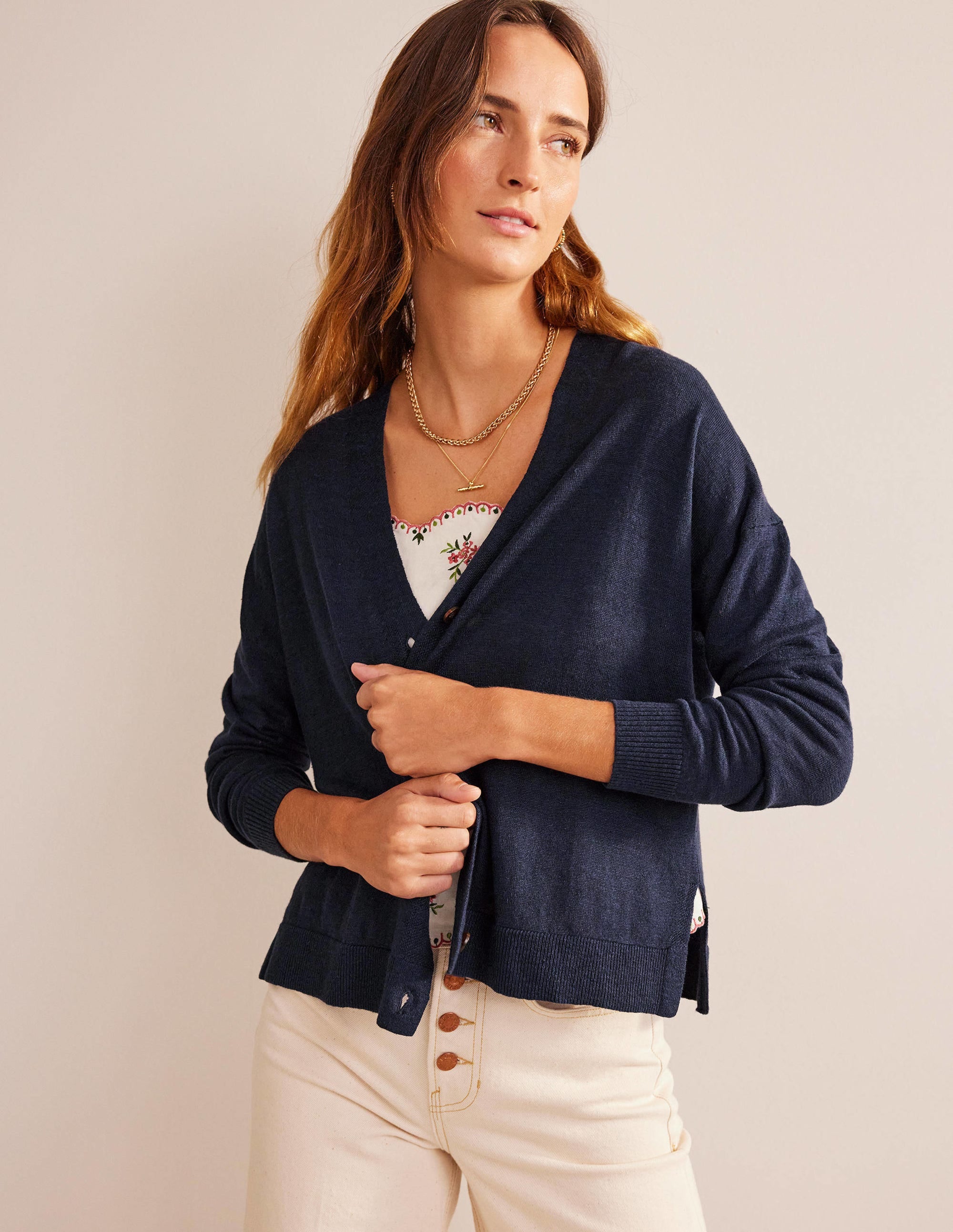 Drop-Shoulder Linen Cardigan-Navy - Image 5