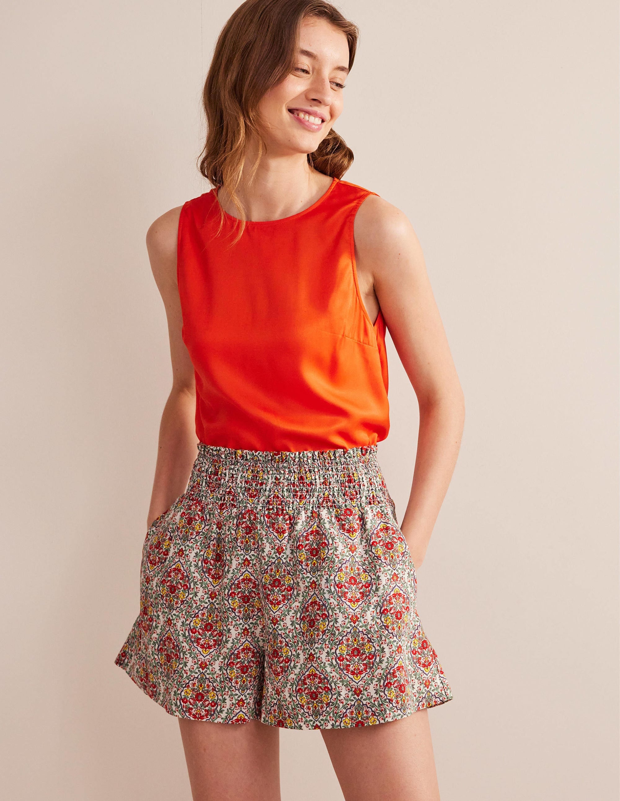 Linen Shirred Waist Shorts-Multi, Vine Terrace - Image 1