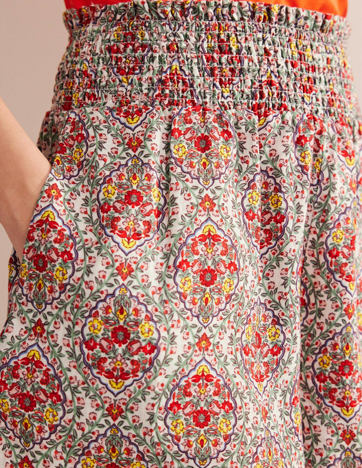 Linen Shirred Waist Shorts-Multi, Vine Terrace-2