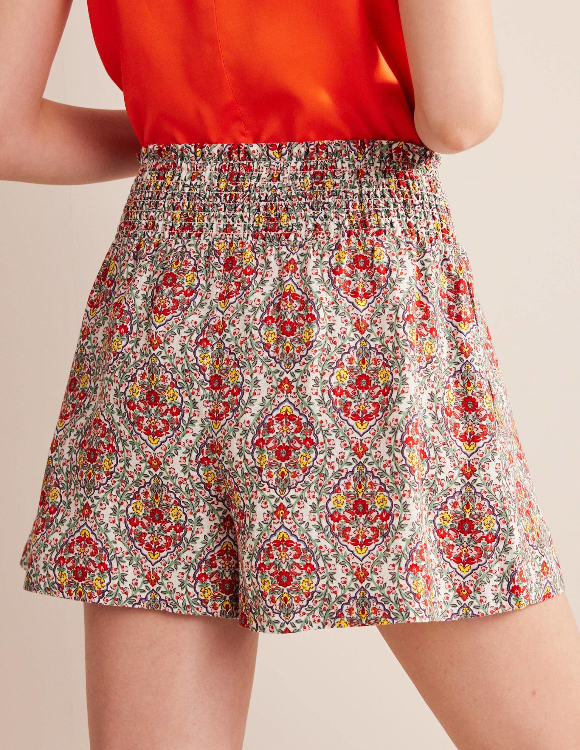 Linen Shirred Waist Shorts-Multi, Vine Terrace-3