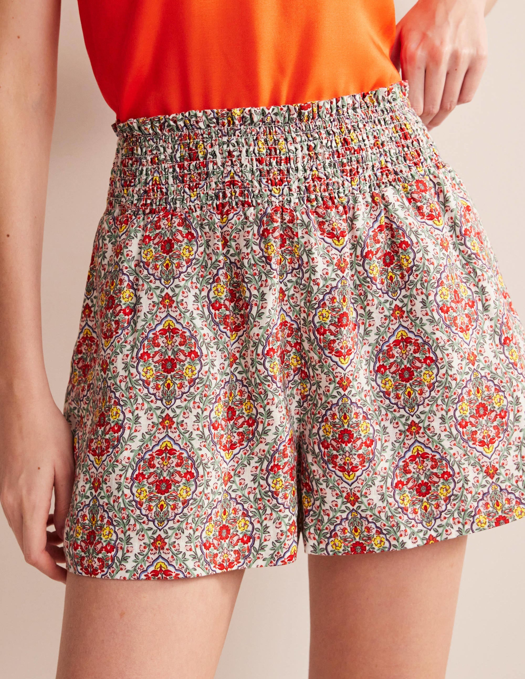 Linen Shirred Waist Shorts-Multi, Vine Terrace - Image 4