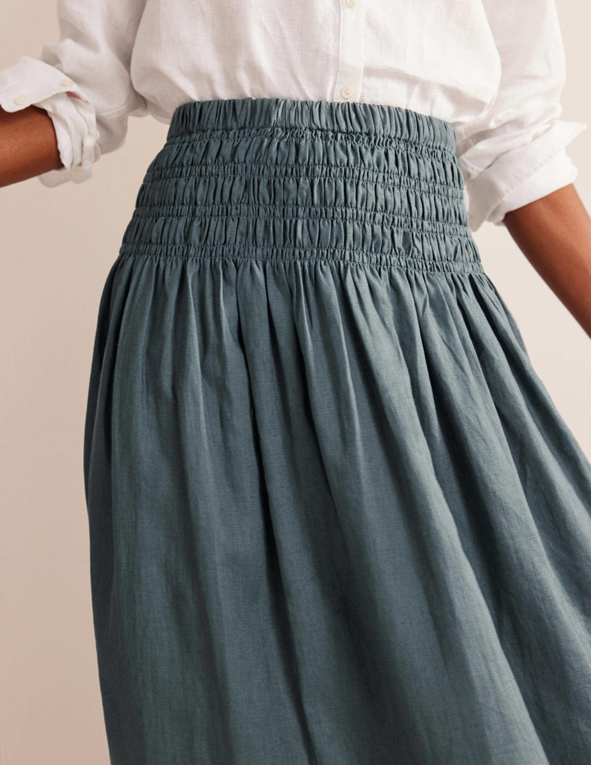 Shirred Waist Linen Midi Skirt-Deep Sea - Image 2