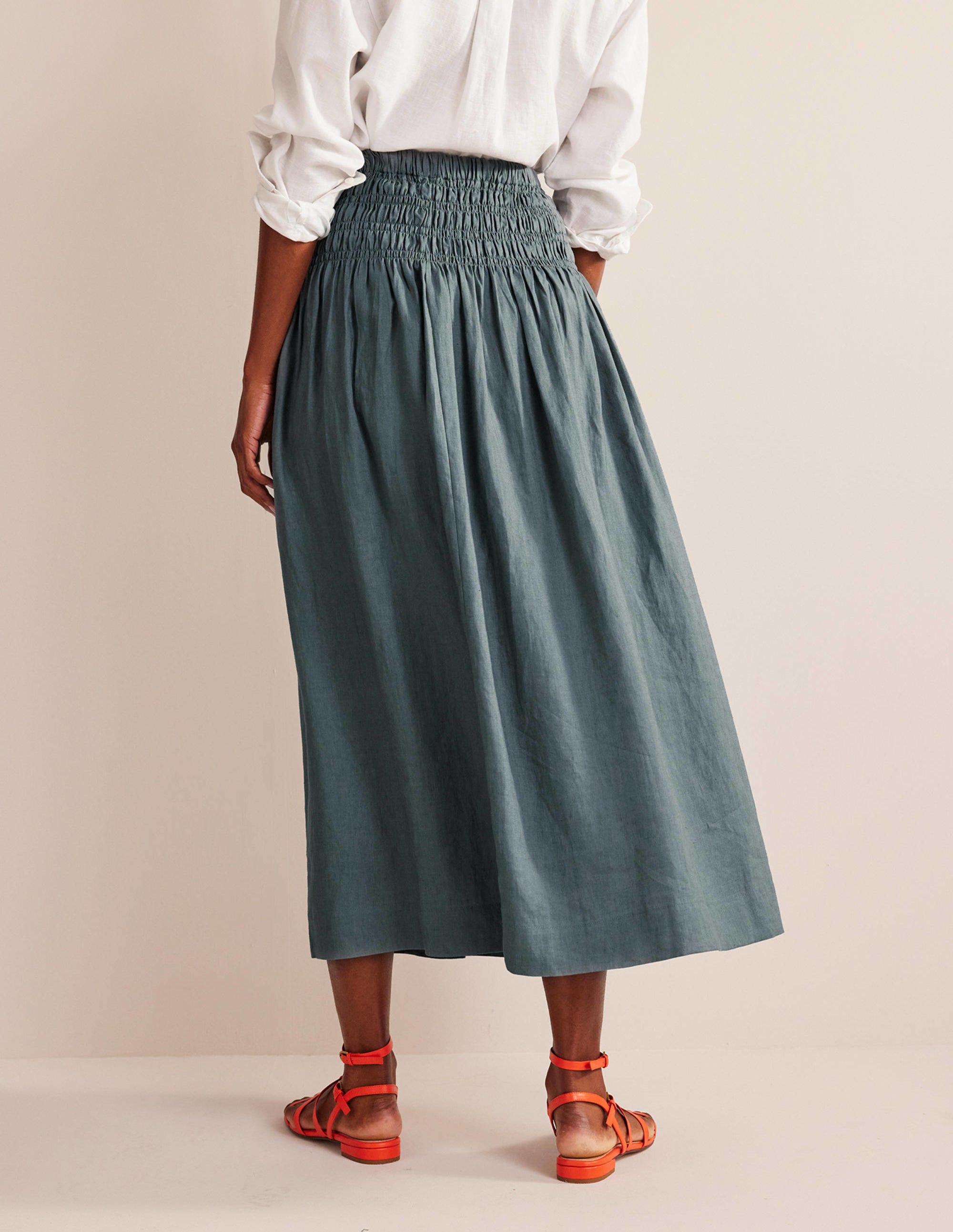 Shirred Waist Linen Midi Skirt-Deep Sea - Image 3
