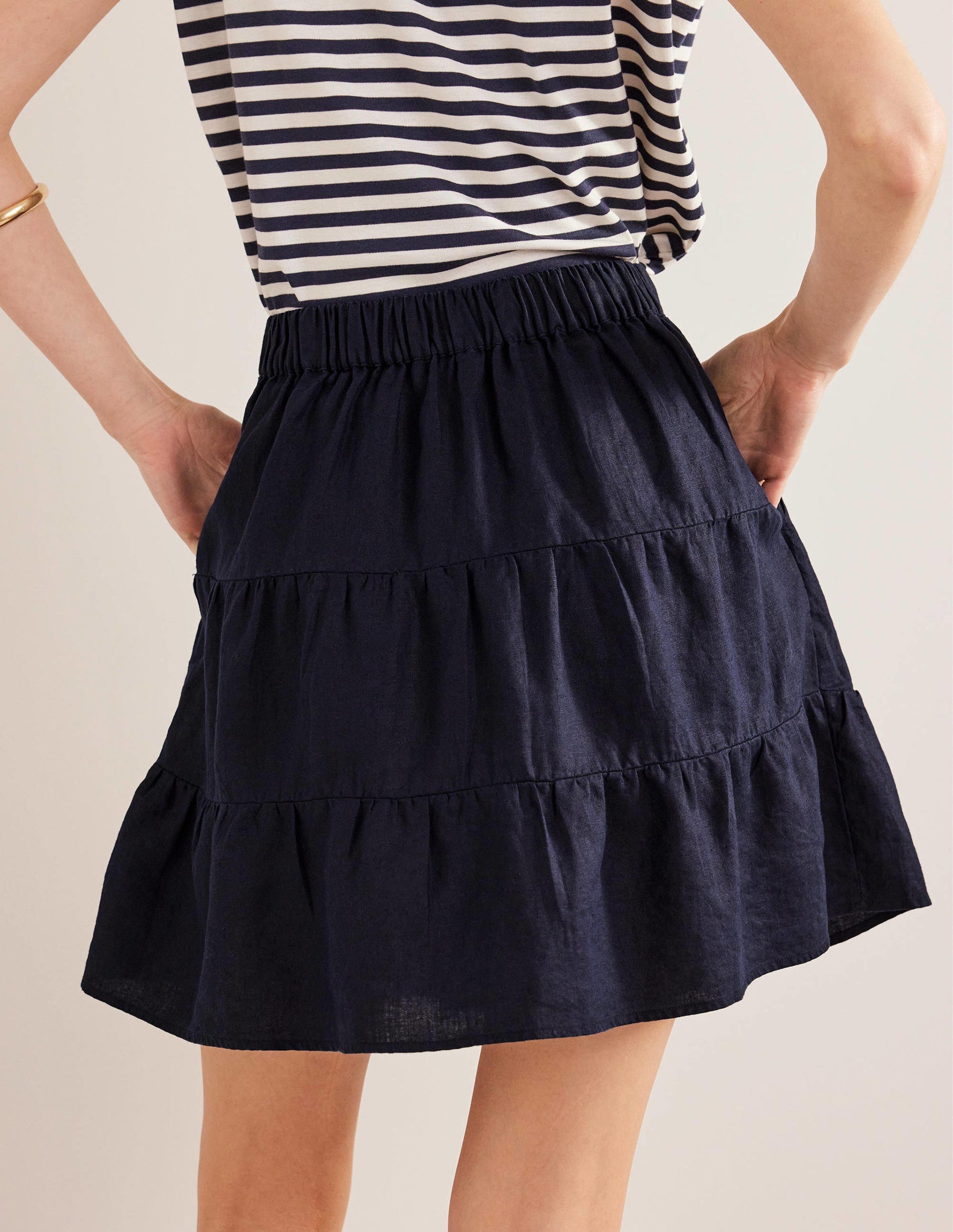 Pull On Tiered Linen Skirt-Navy-3