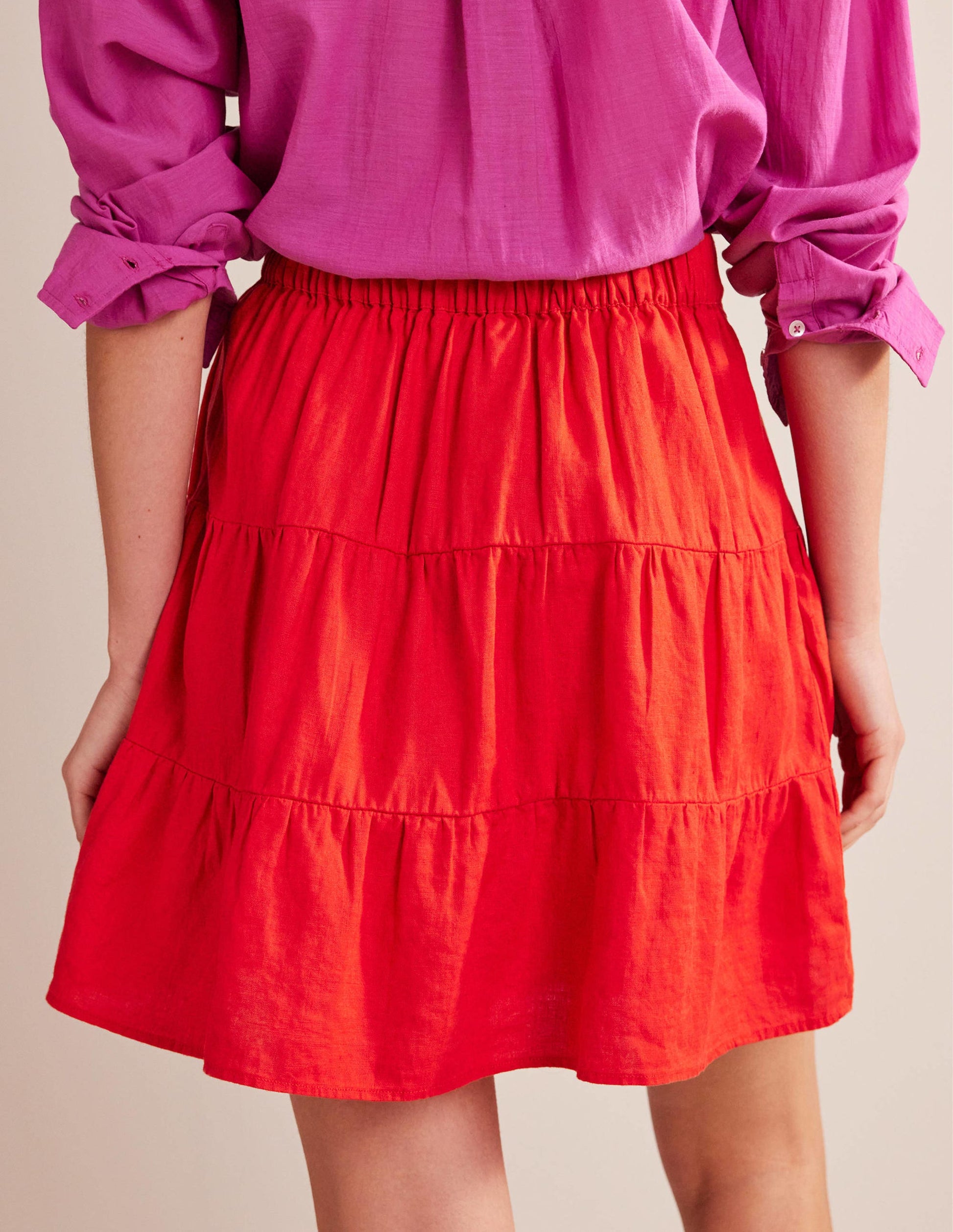 Pull On Tiered Linen Skirt-Vermillion Red-3