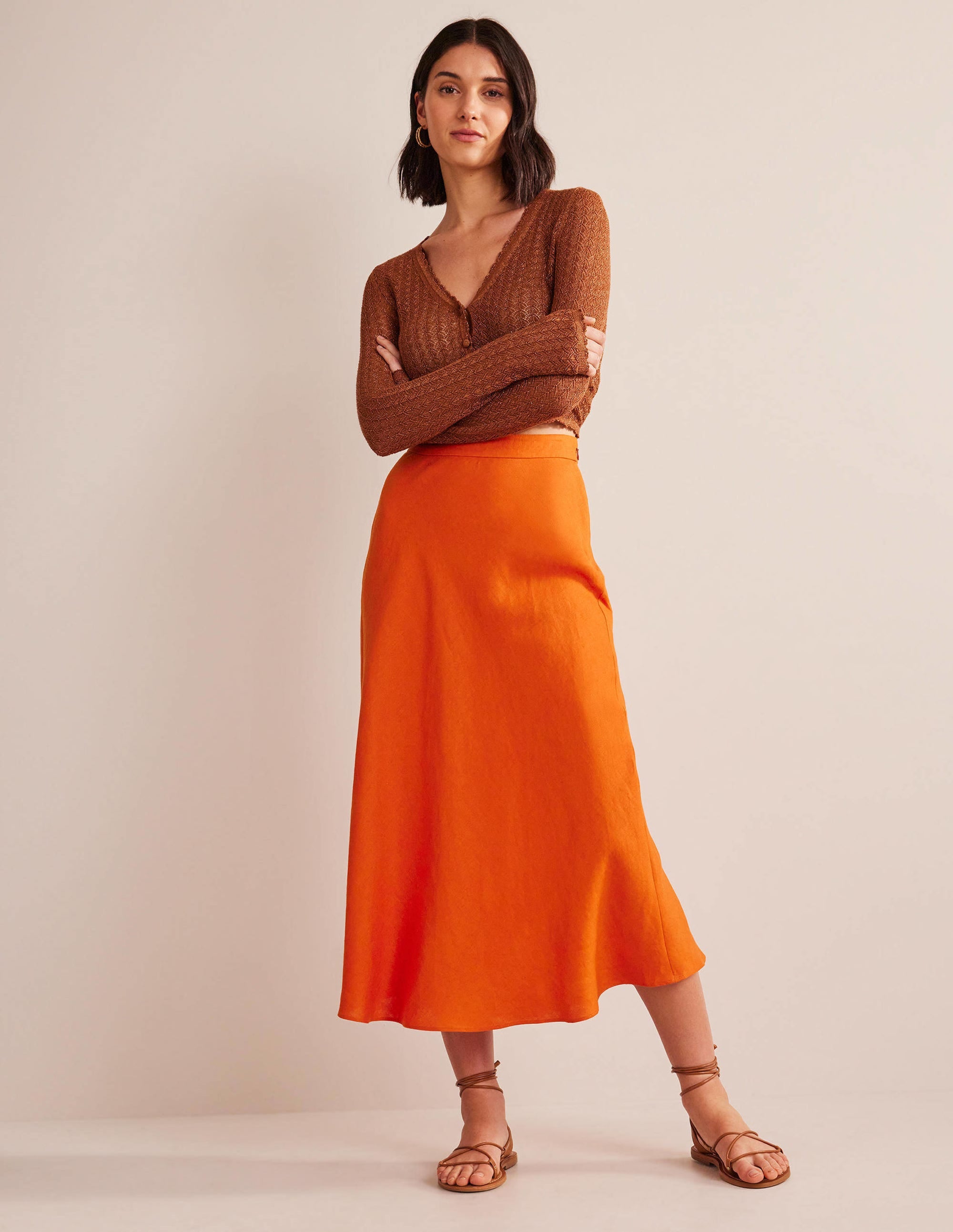 Bias Linen Midi Skirt-KUMQUAT - Image 1