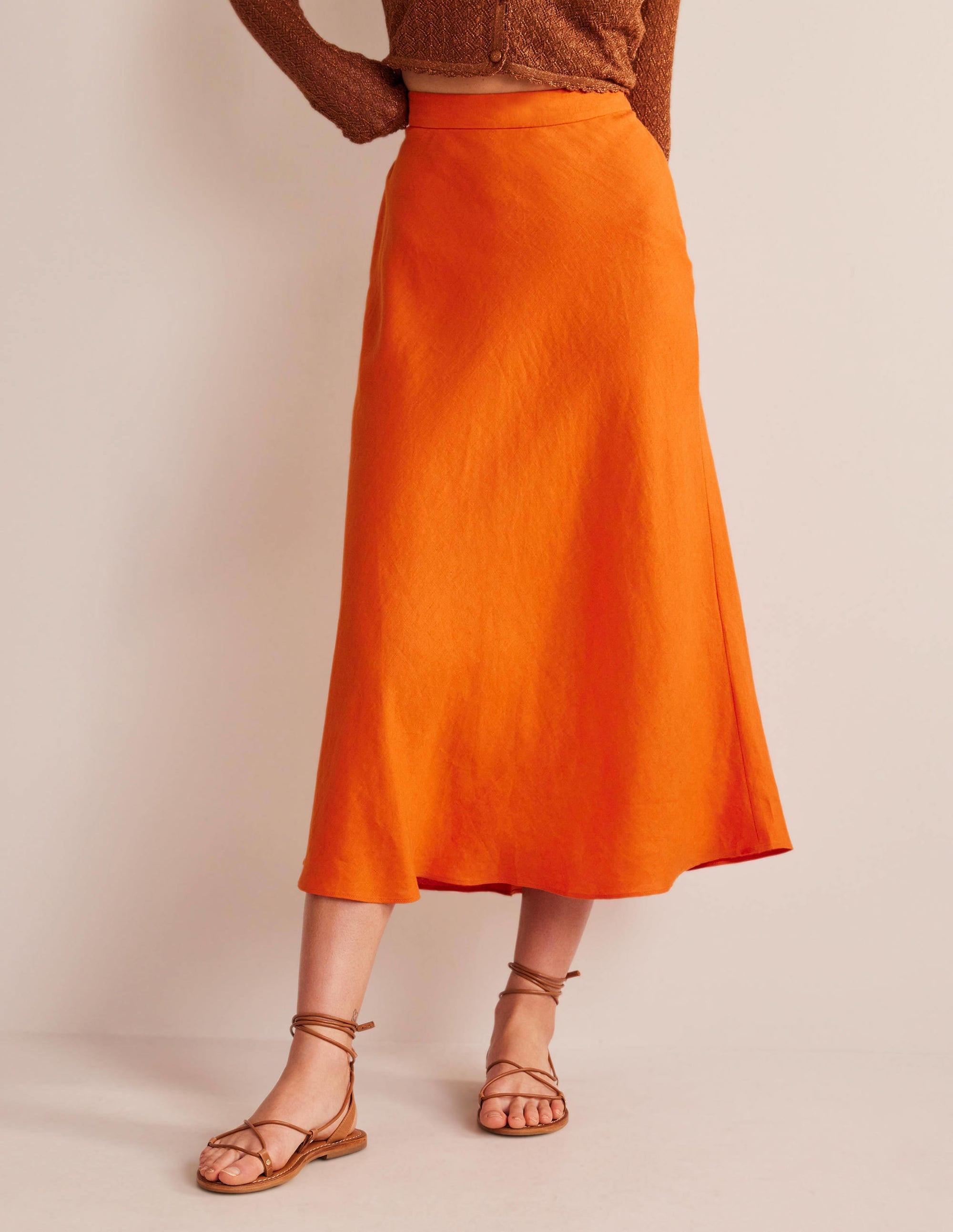 Bias Linen Midi Skirt-KUMQUAT - Image 4