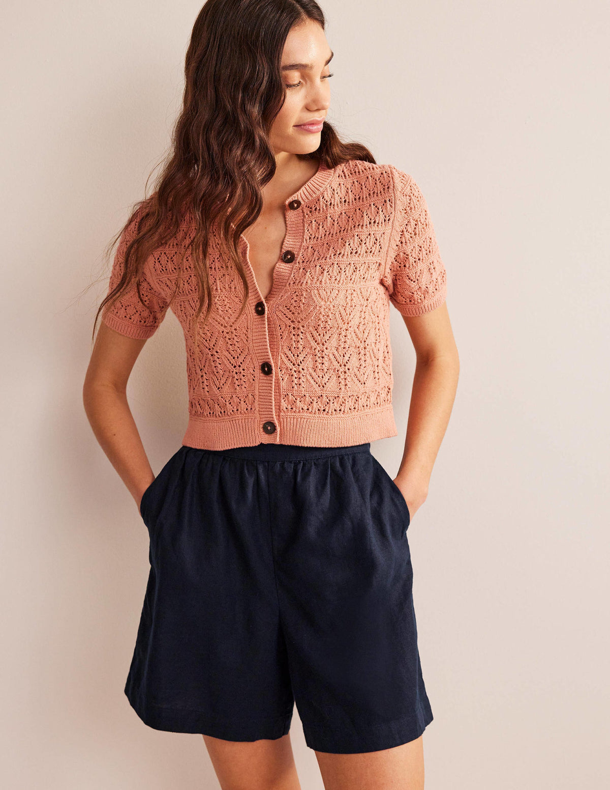 Pull-on Linen Shorts-Navy-1